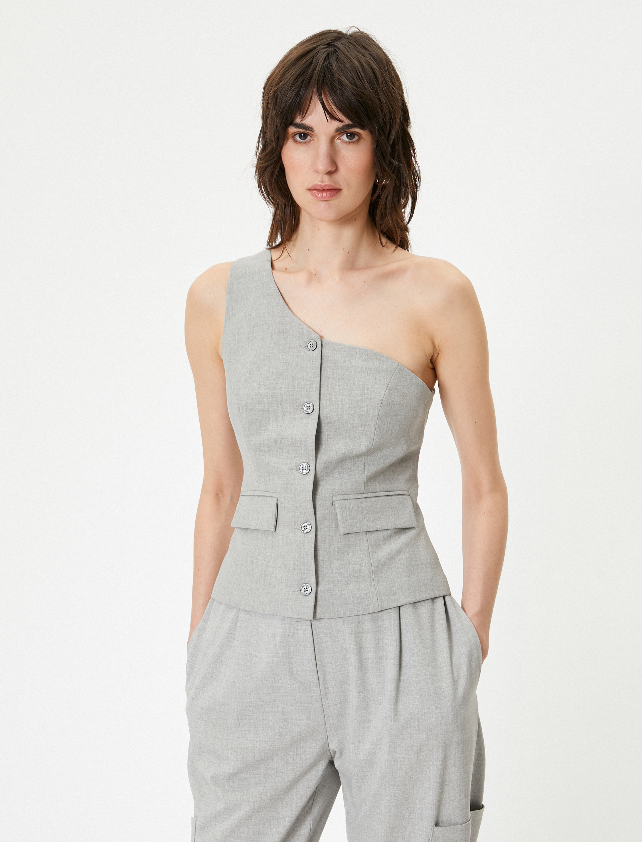   Tek Omuz Yelek Düğmeli Kapaklı Cep Detaylı Astarlı