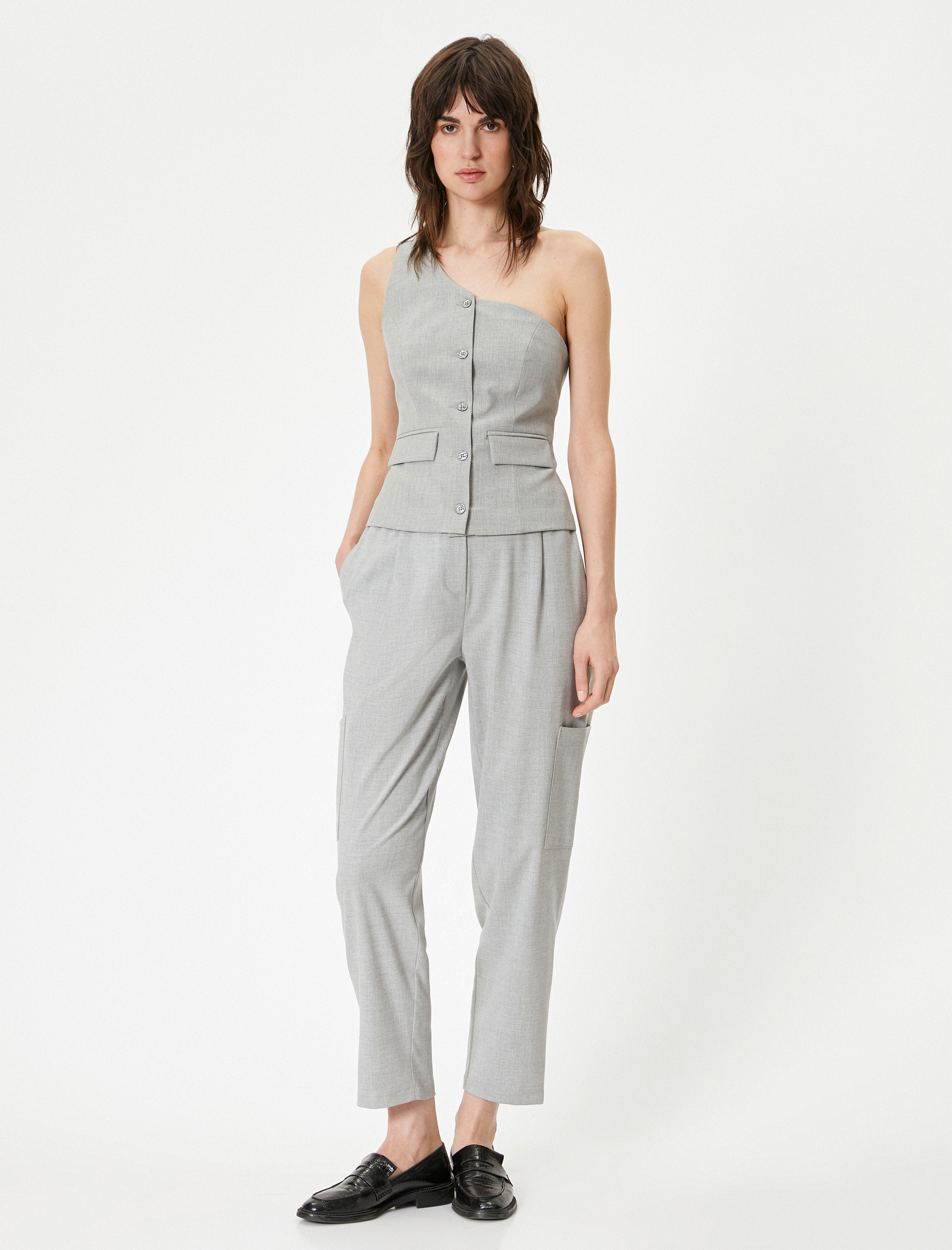   Tek Omuz Yelek Düğmeli Kapaklı Cep Detaylı Astarlı