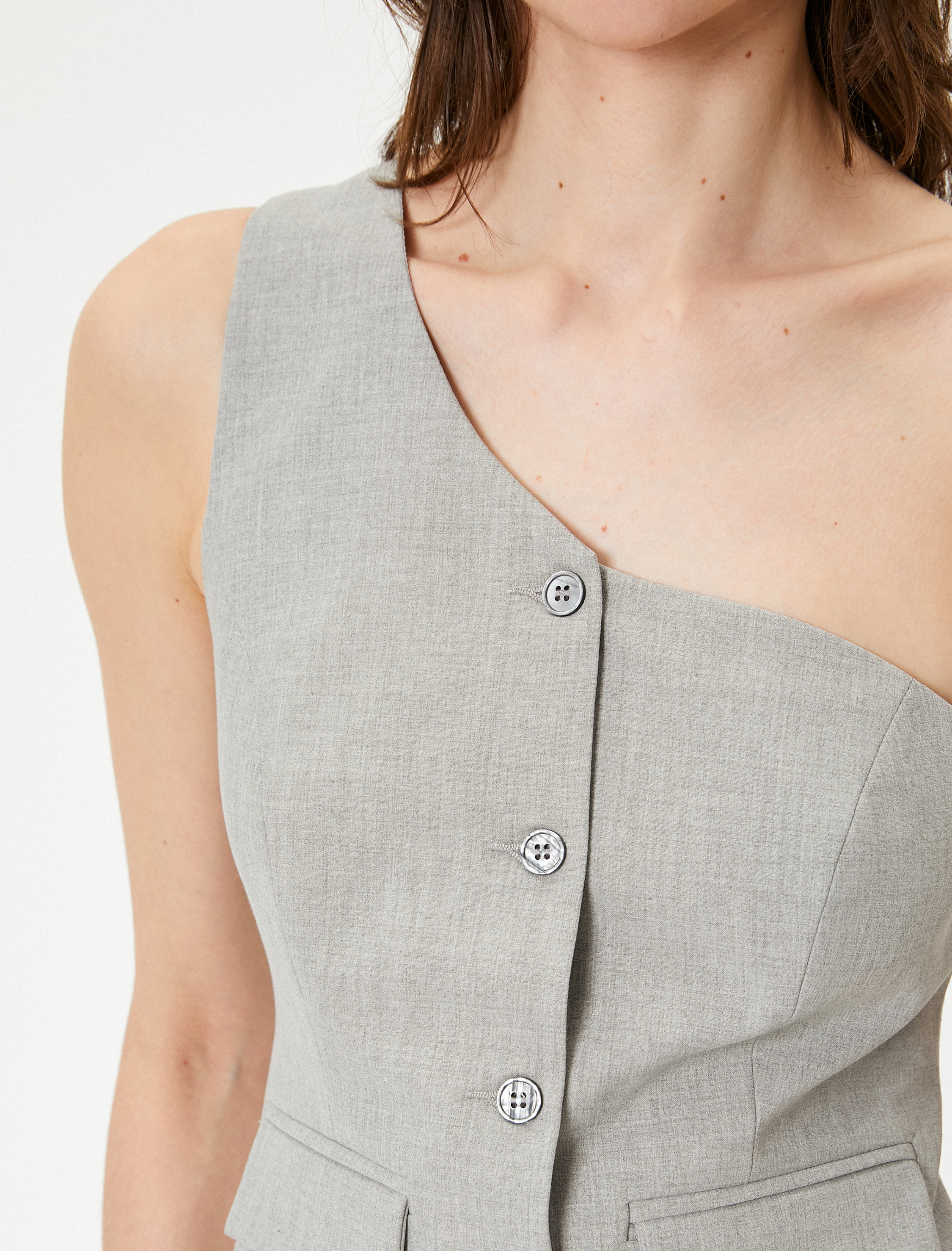   Tek Omuz Yelek Düğmeli Kapaklı Cep Detaylı Astarlı