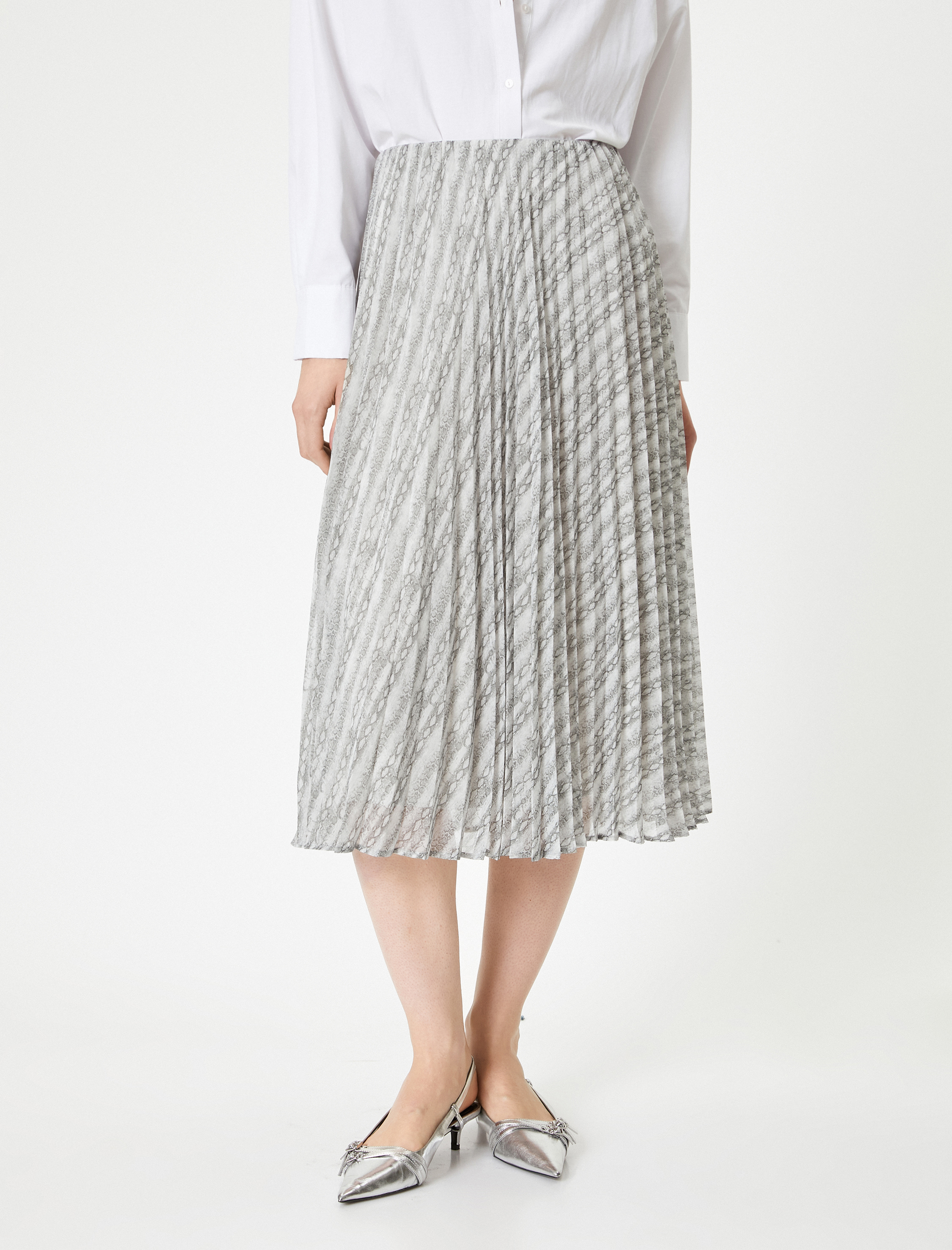   Midi Etek Pileli Beli Lastikli Desenli