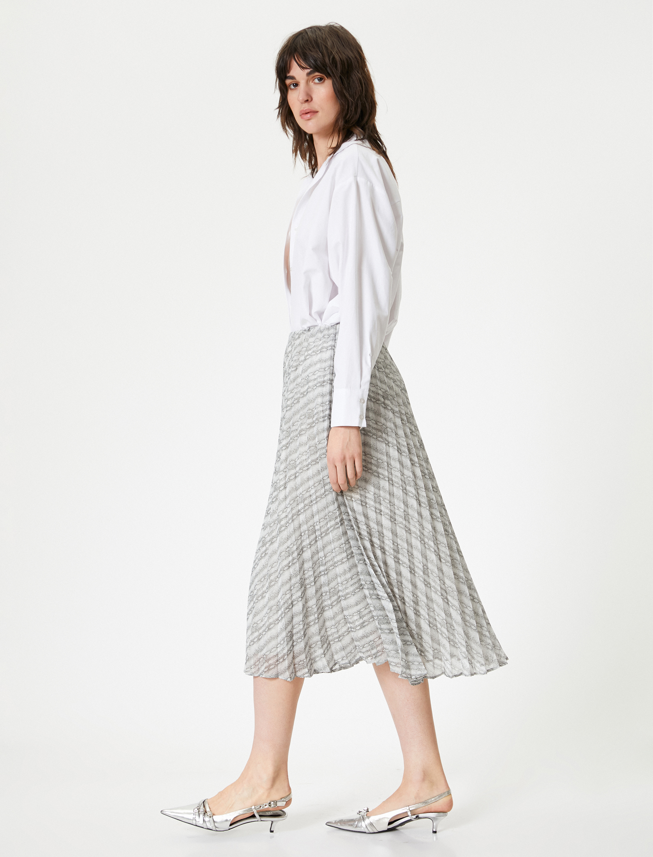   Midi Etek Pileli Beli Lastikli Desenli