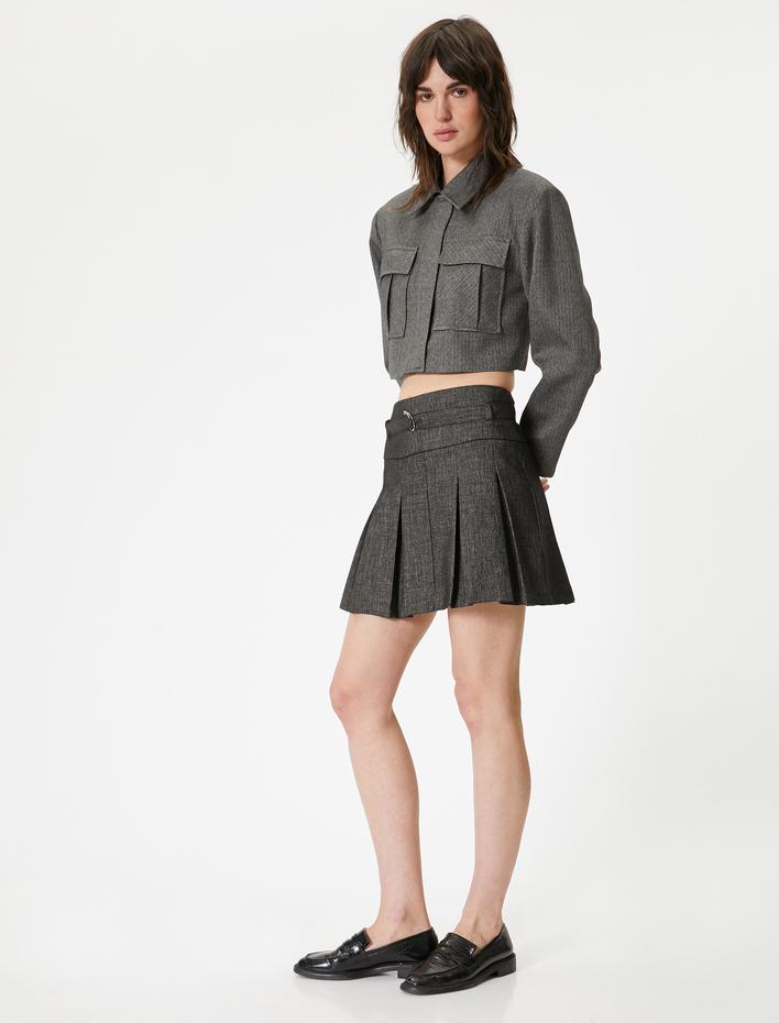  Pileli Mini Etek A Kesim Kemer Detaylı Fermuarlı