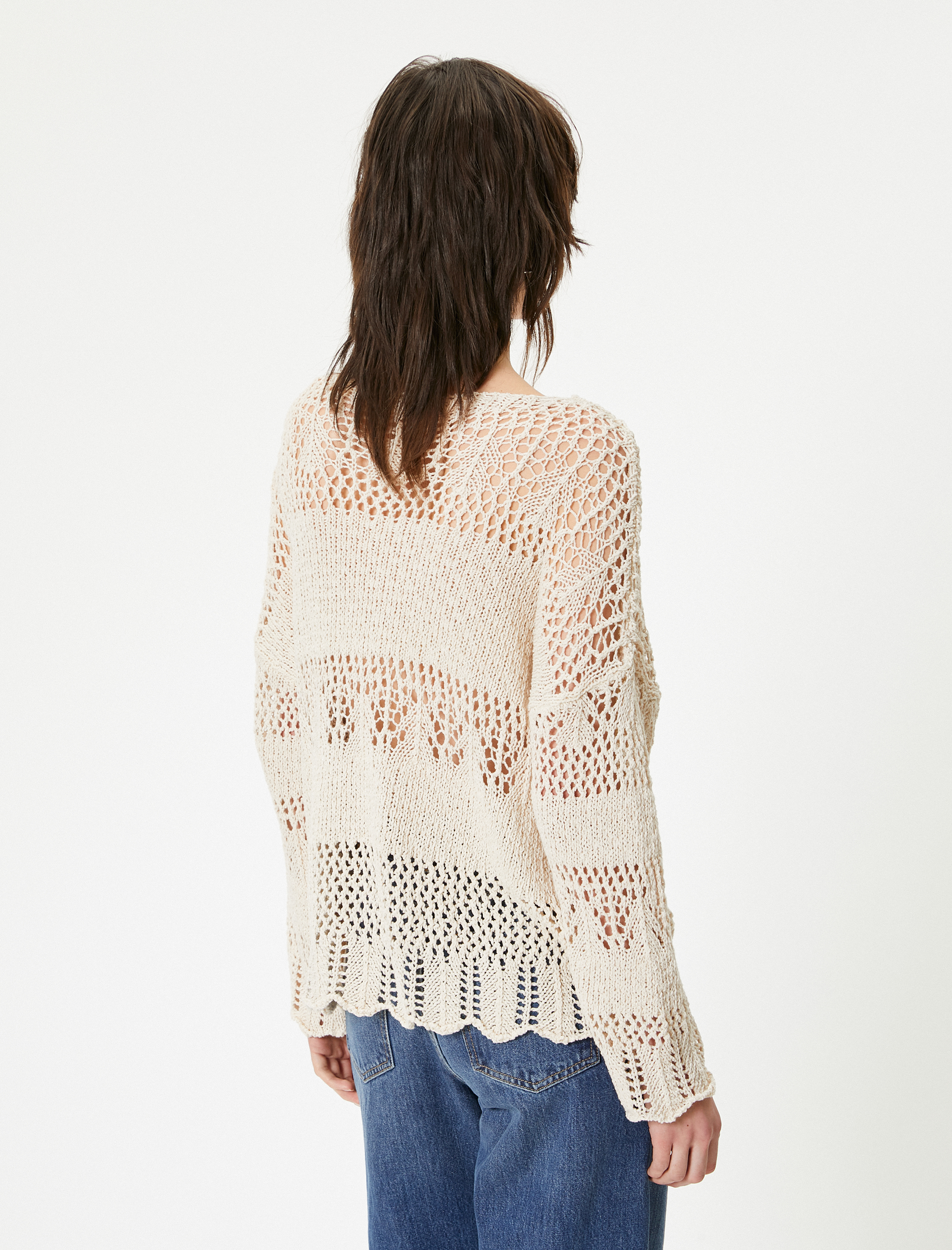   Kroşe Oversize Üst Kayık Yaka Uzun Kollu Ajurlu