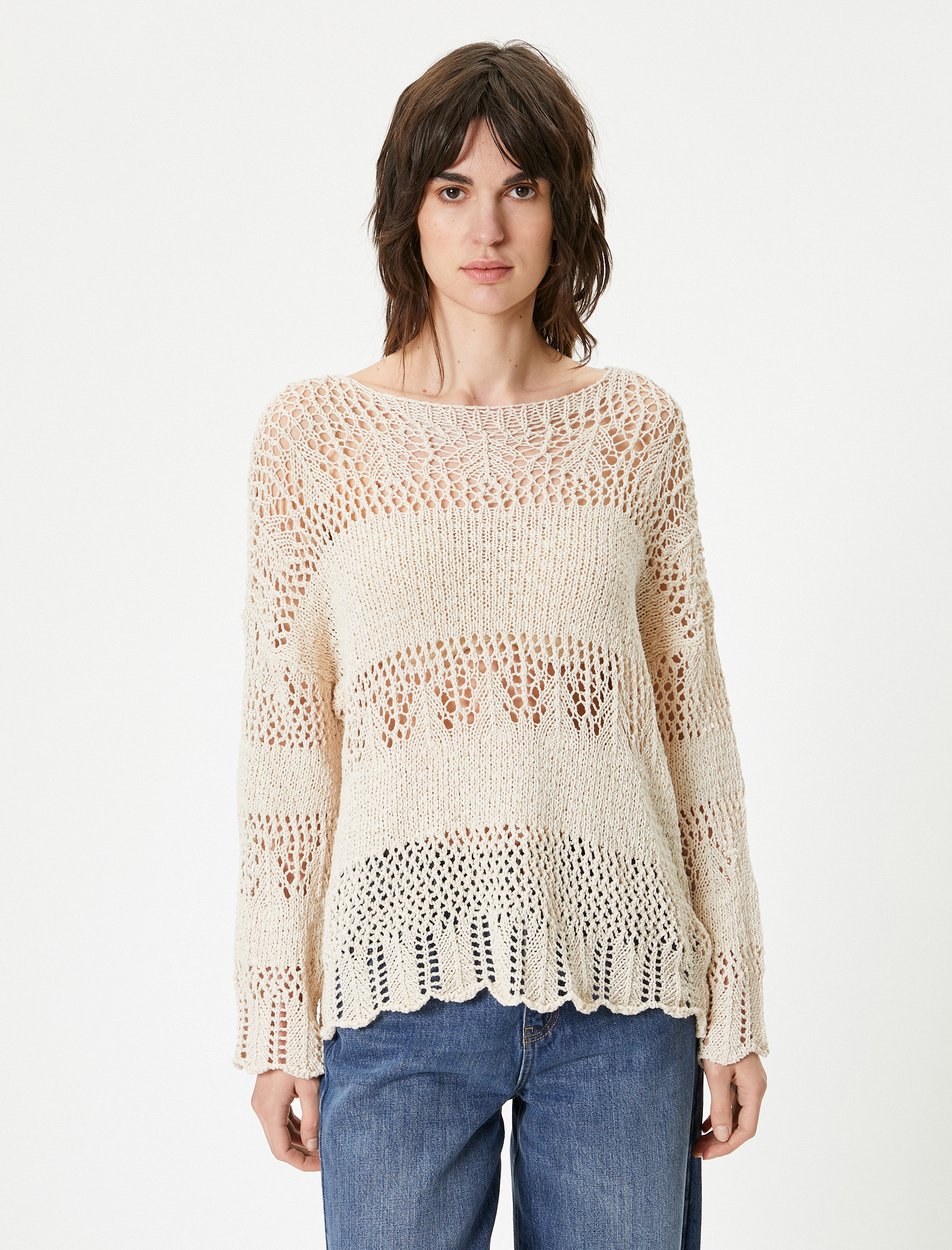   Kroşe Oversize Üst Kayık Yaka Uzun Kollu Ajurlu