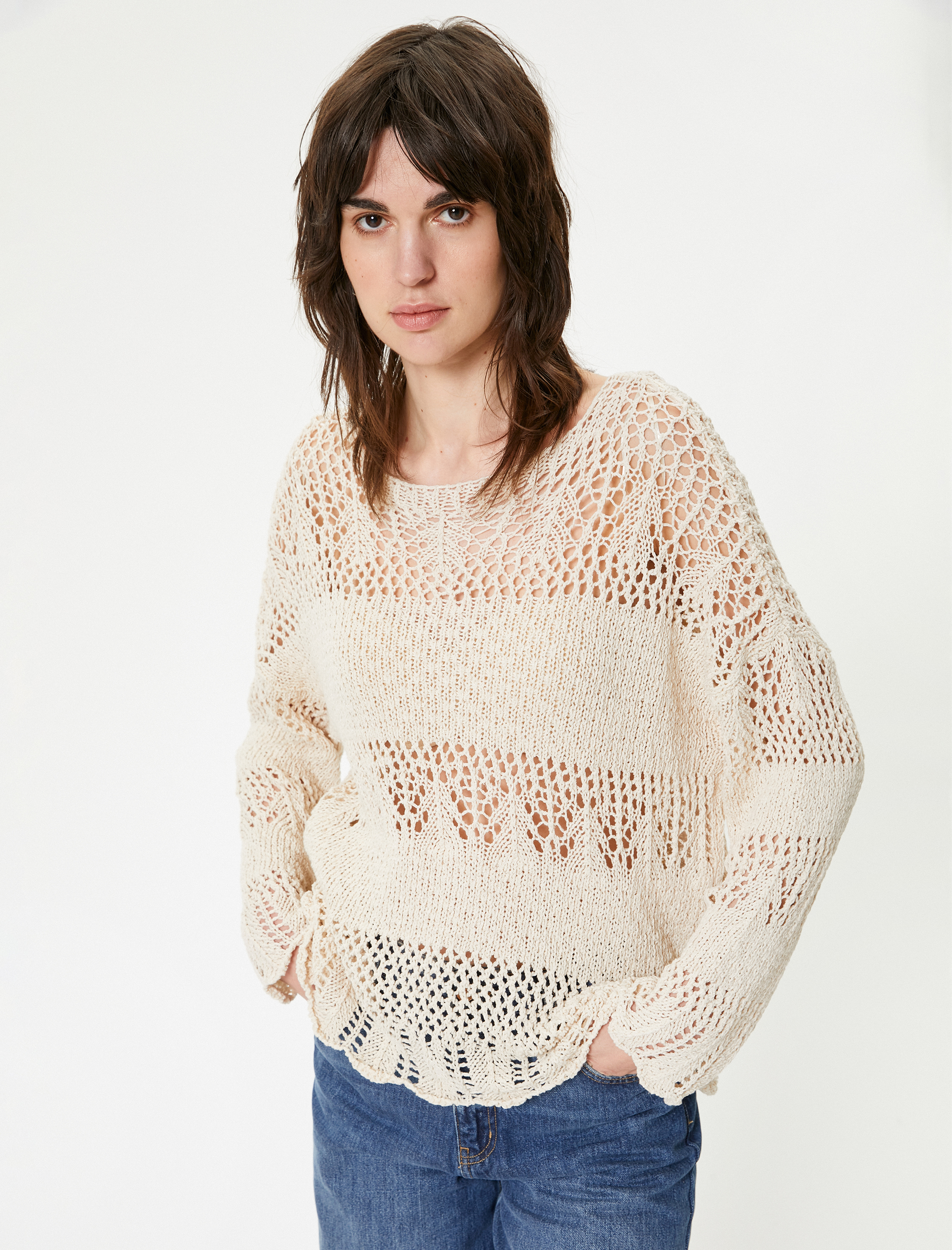   Kroşe Oversize Üst Kayık Yaka Uzun Kollu Ajurlu