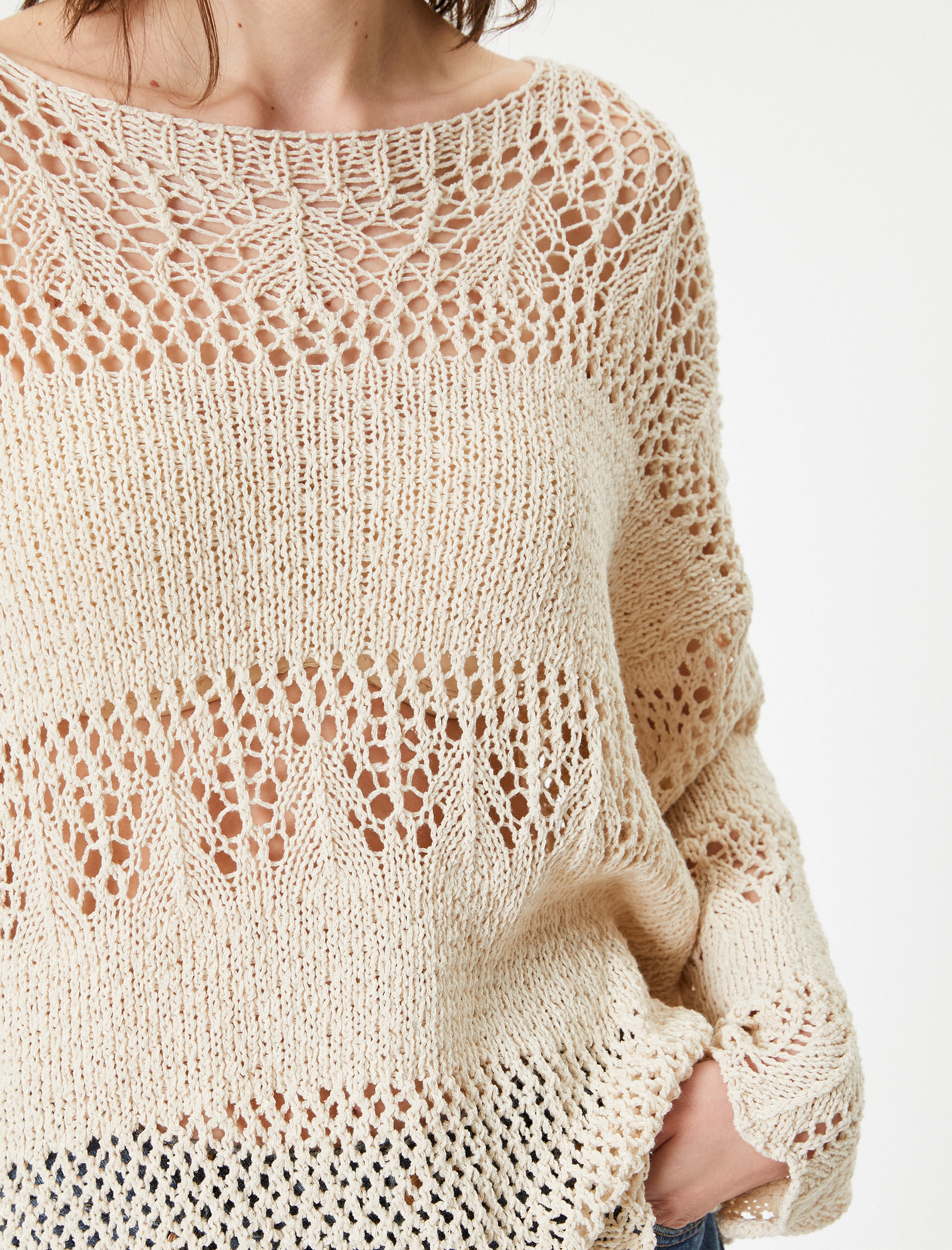   Kroşe Oversize Üst Kayık Yaka Uzun Kollu Ajurlu