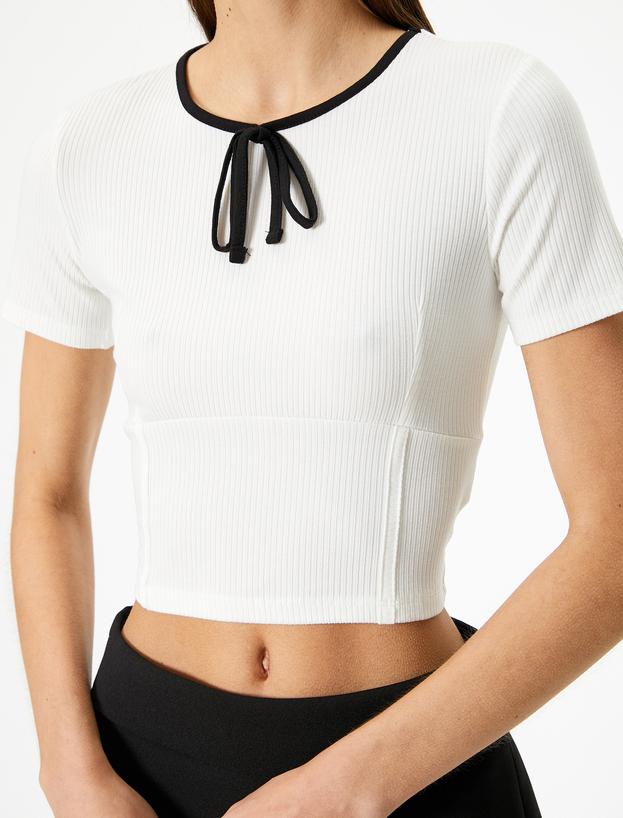 Fiyonklu Crop Tişört Kısa Kollu Bisiklet Yaka_4