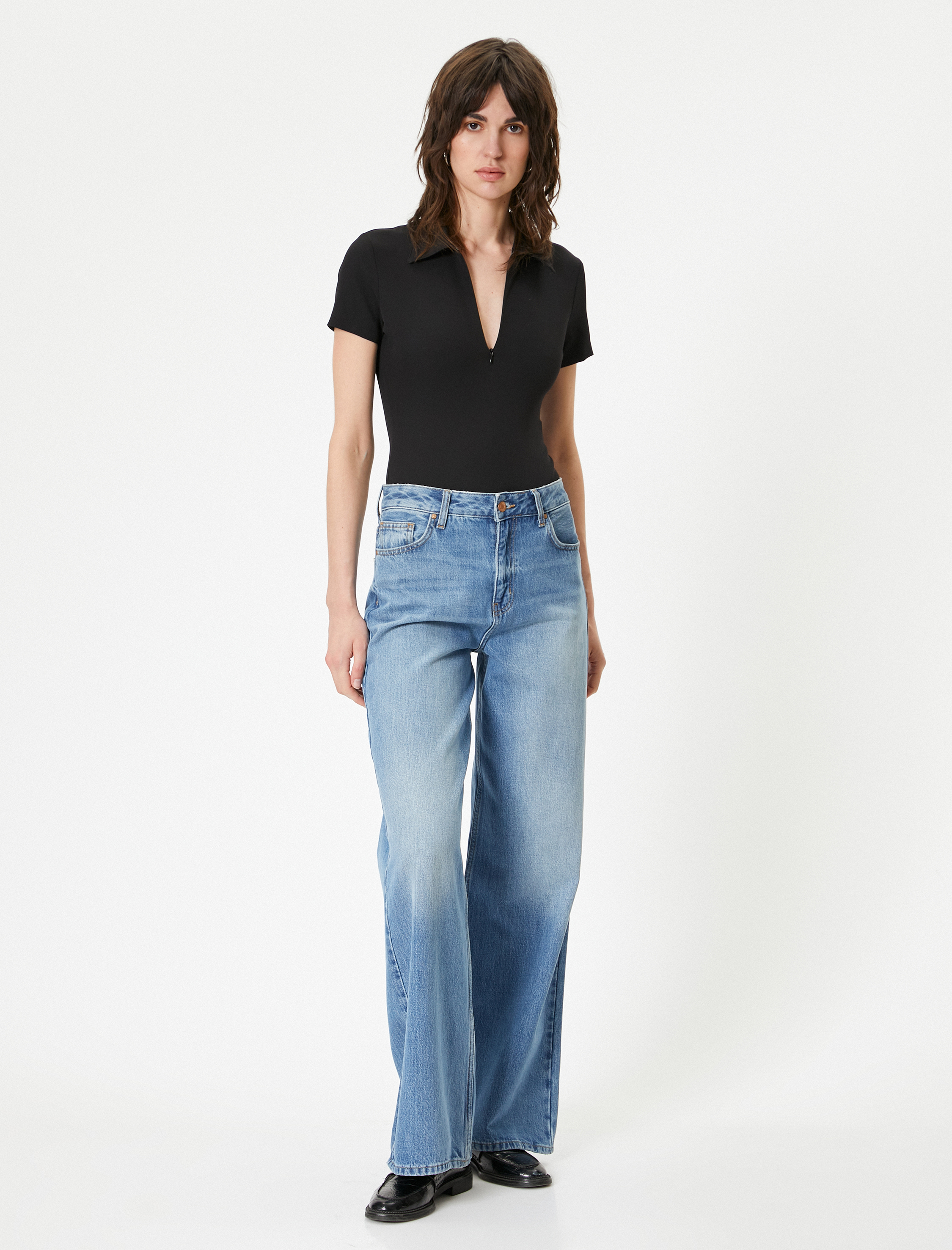 Yarım Fermuarlı Polo Yaka Bodysuit Kısa Kollu Slim Fit