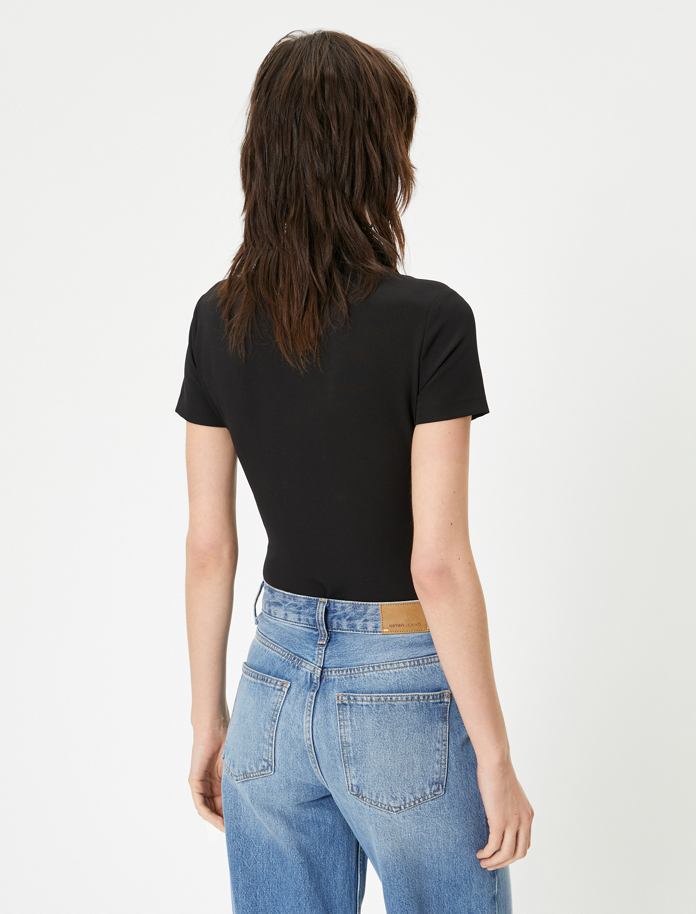 Yarım Fermuarlı Polo Yaka Bodysuit Kısa Kollu Slim Fit