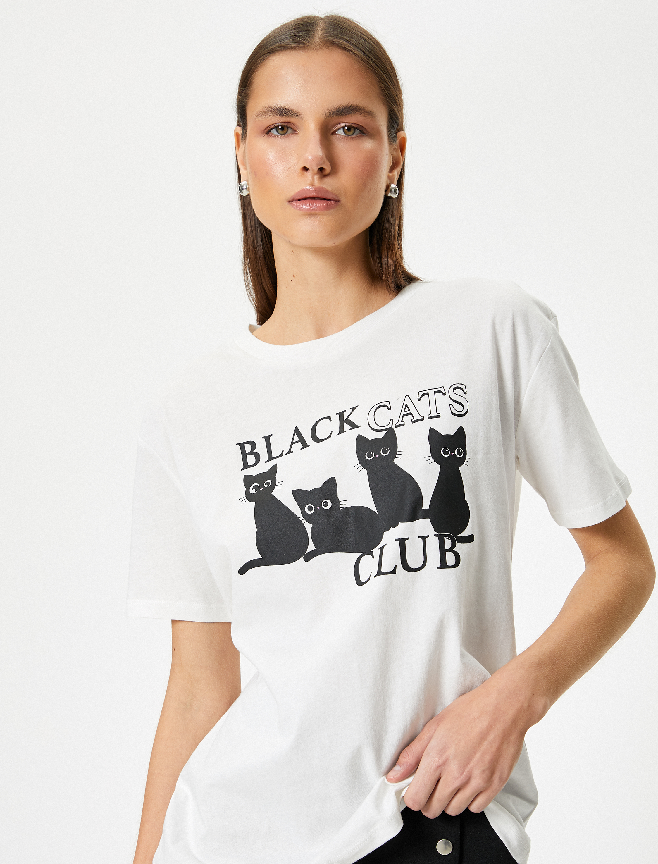 Kedili Tişört Kısa Kollu Bisiklet Yaka Pamuklu