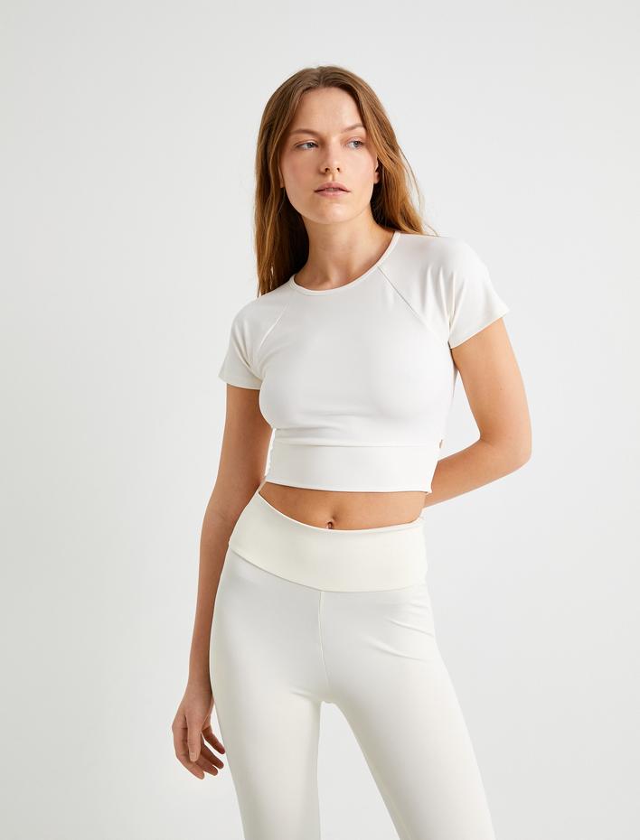  Spor Crop Yoga Tişört Kısa Kollu Bisiklet Yaka Bağlama Detaylı Slim Fit
