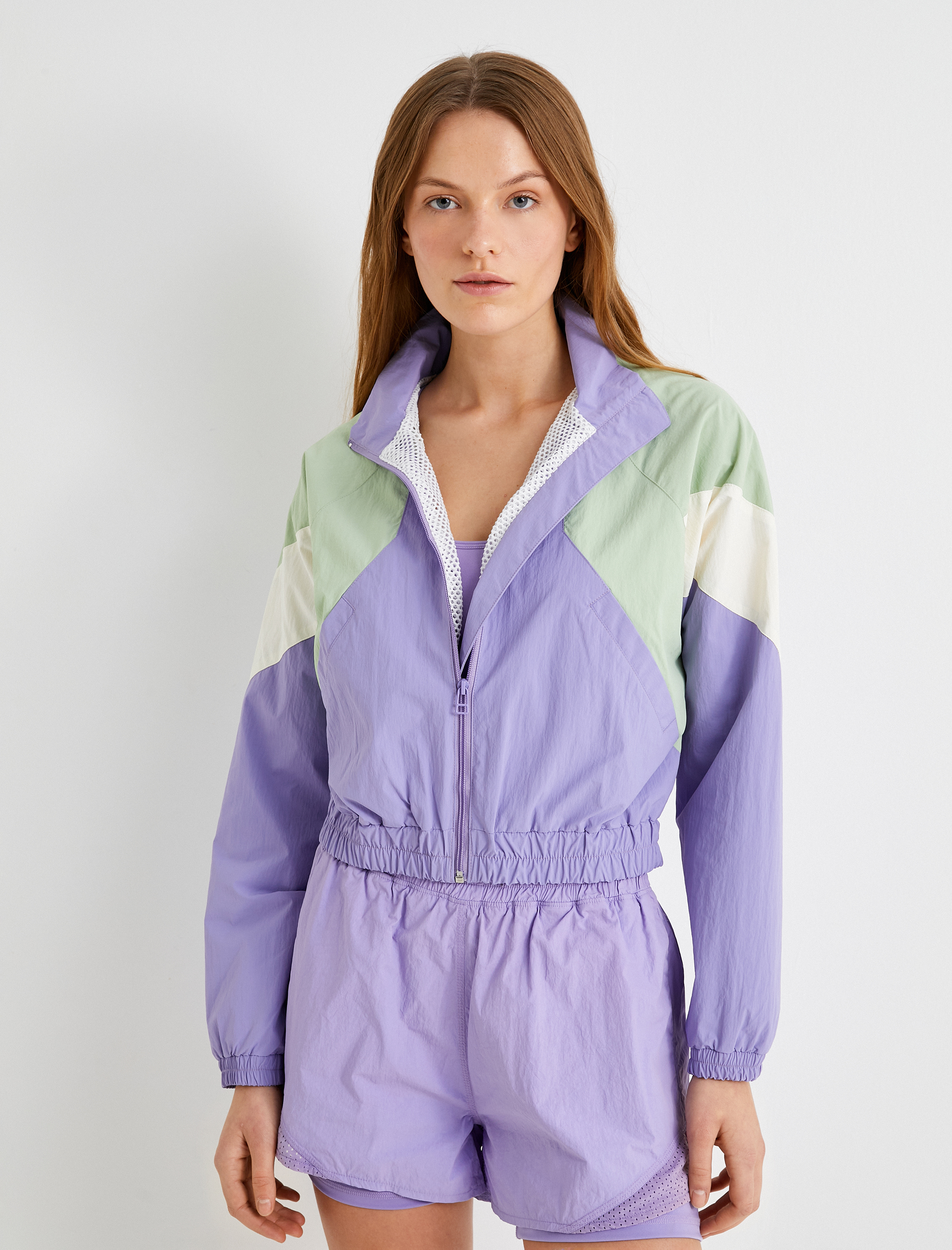   Spor Ceket Renk Bloklu Fermuarlı Dik Yaka Cepli File Astarlı