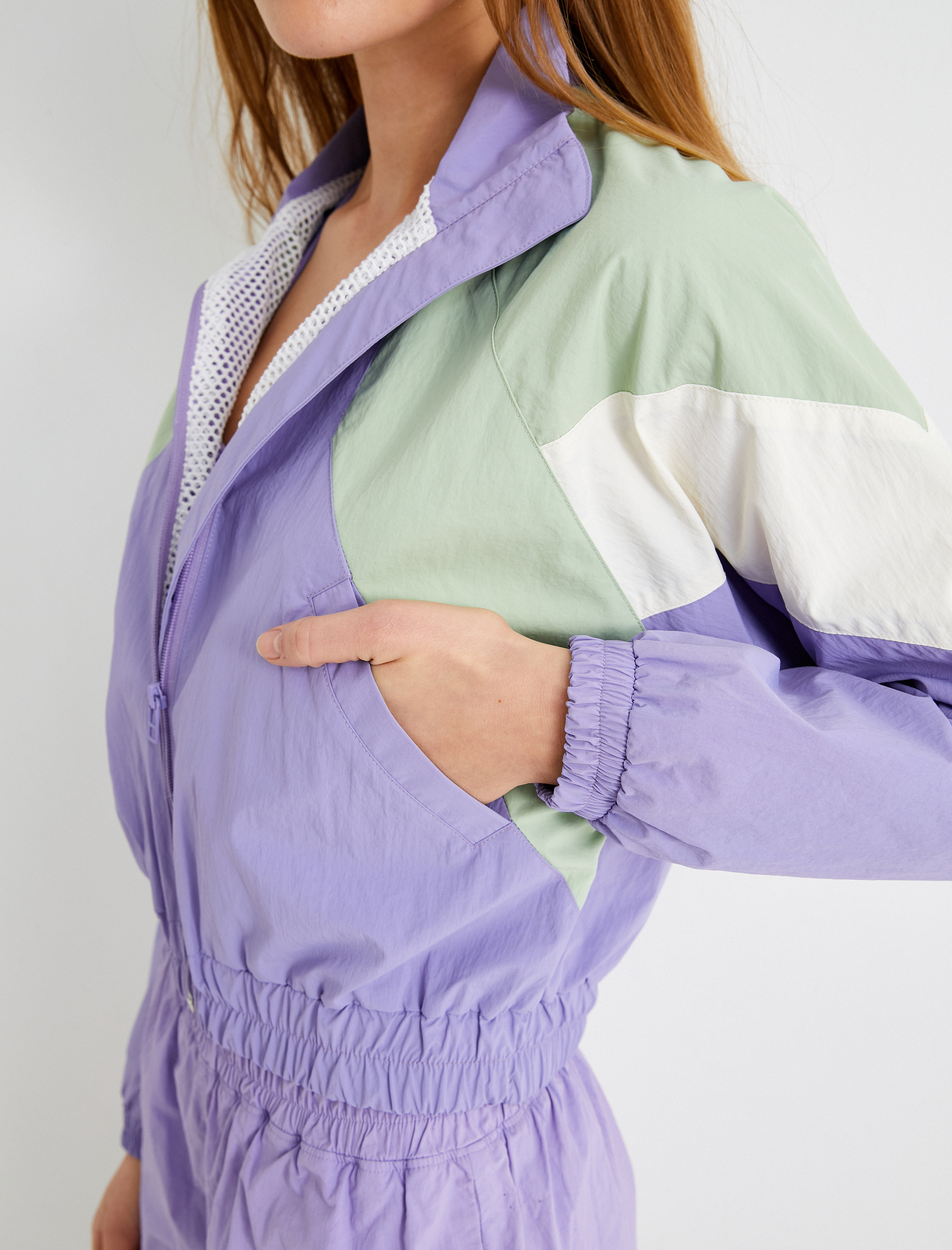   Spor Ceket Renk Bloklu Fermuarlı Dik Yaka Cepli File Astarlı