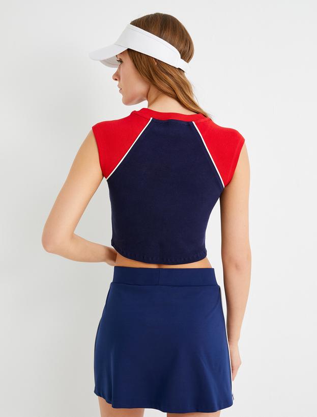 Spor Kolsuz Crop Tişört Renk Bloklu Yuvarlak Yaka Baskılı Ribanalı Slim Fit_3