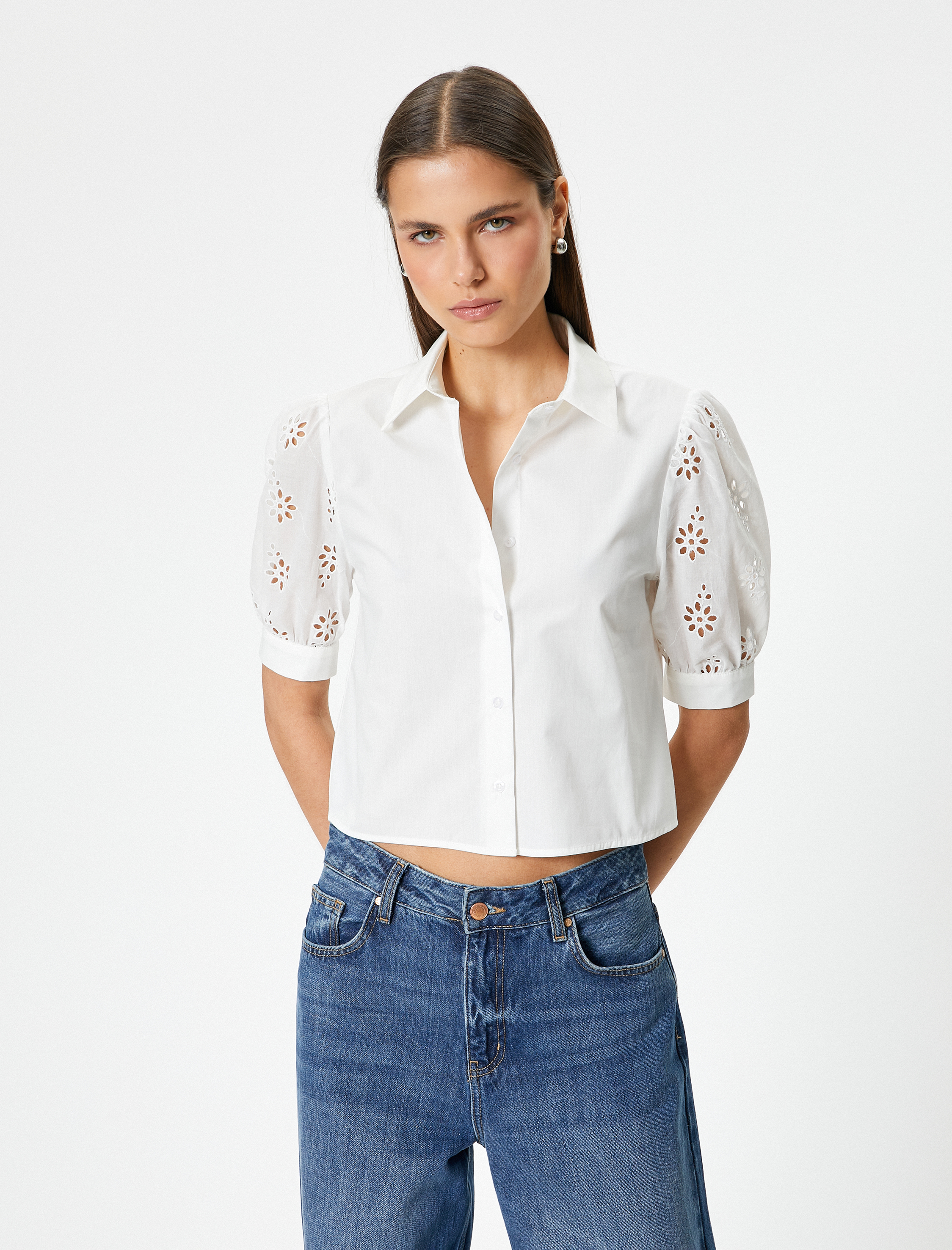   Balon Kol Gömlek Kısa Kollu Çiçek Fisto Detaylı Pamuklu