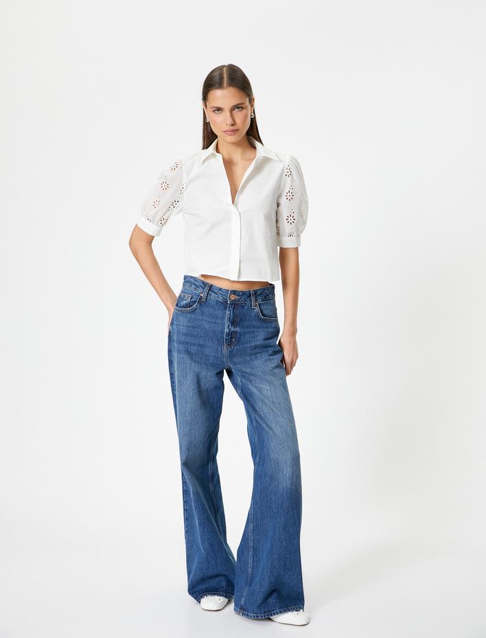  Balon Kol Gömlek Kısa Kollu Çiçek Fisto Detaylı Pamuklu