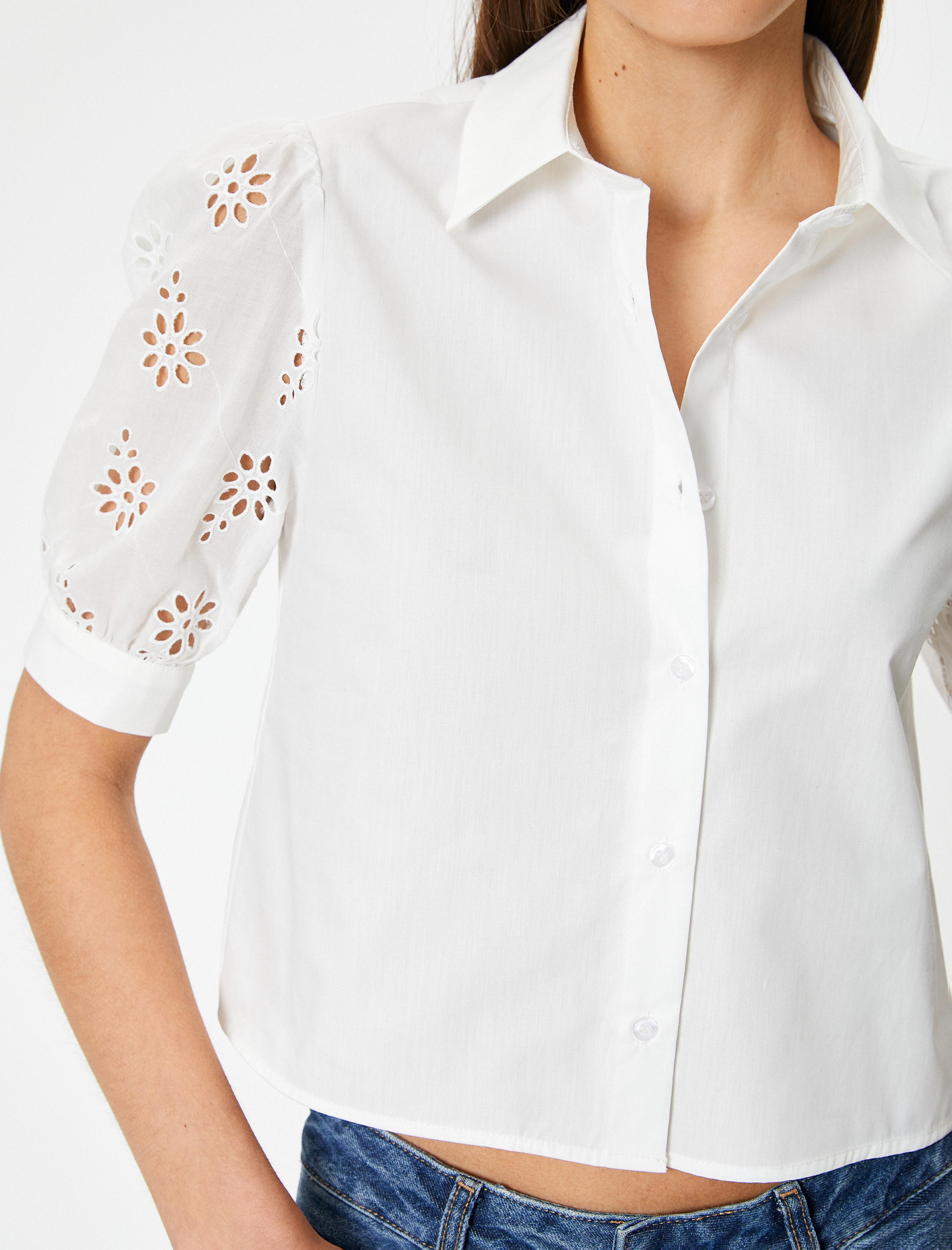   Balon Kol Gömlek Kısa Kollu Çiçek Fisto Detaylı Pamuklu