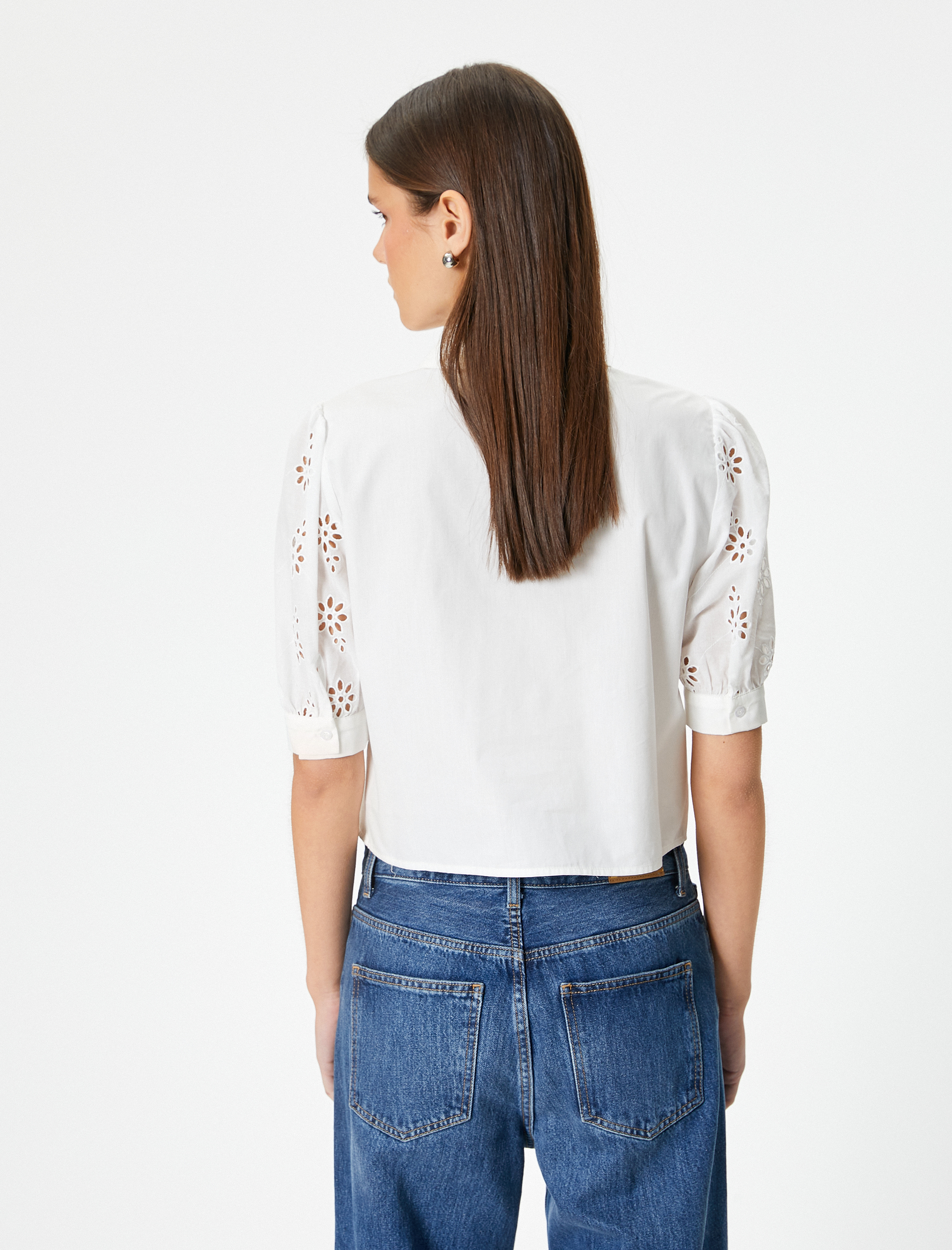   Balon Kol Gömlek Kısa Kollu Çiçek Fisto Detaylı Pamuklu