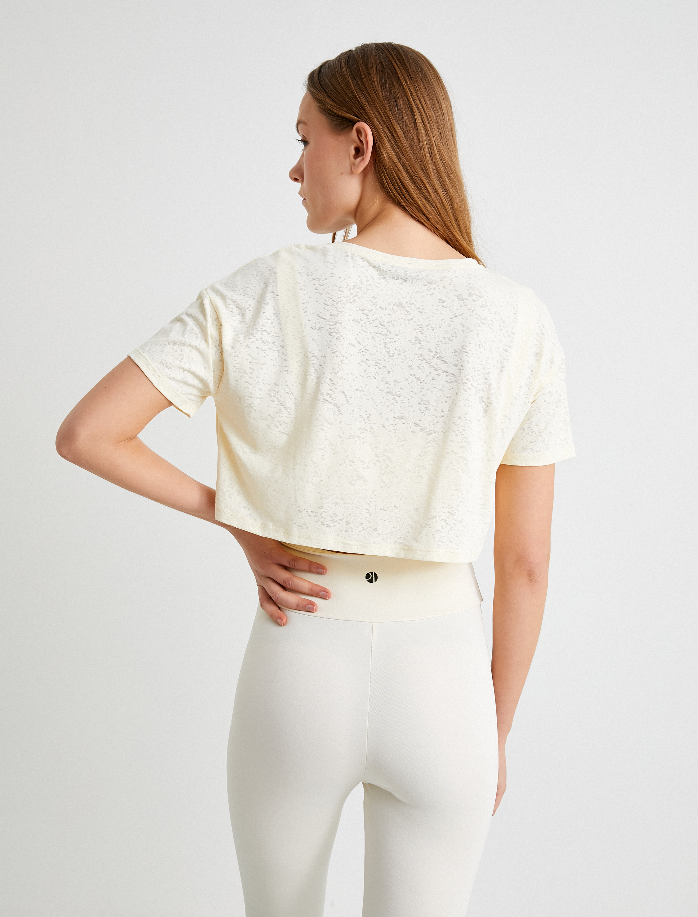   Transparan Crop Spor Tişört Çiçekli Kısa Kollu Bisiklet Yaka Rahat Kalıp