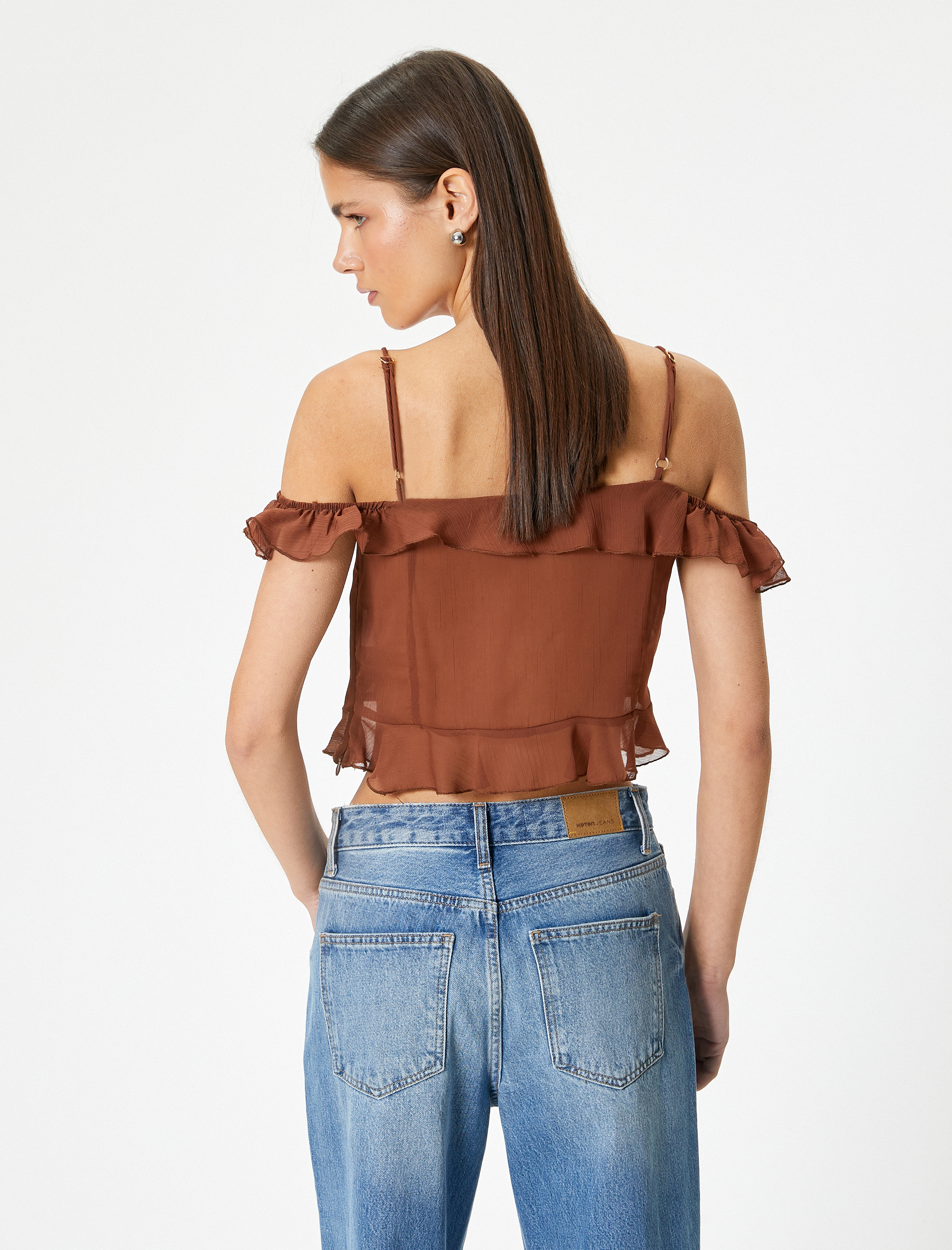   Omuzları Açık Fırfırlı Bluz Crop İnce Askılı