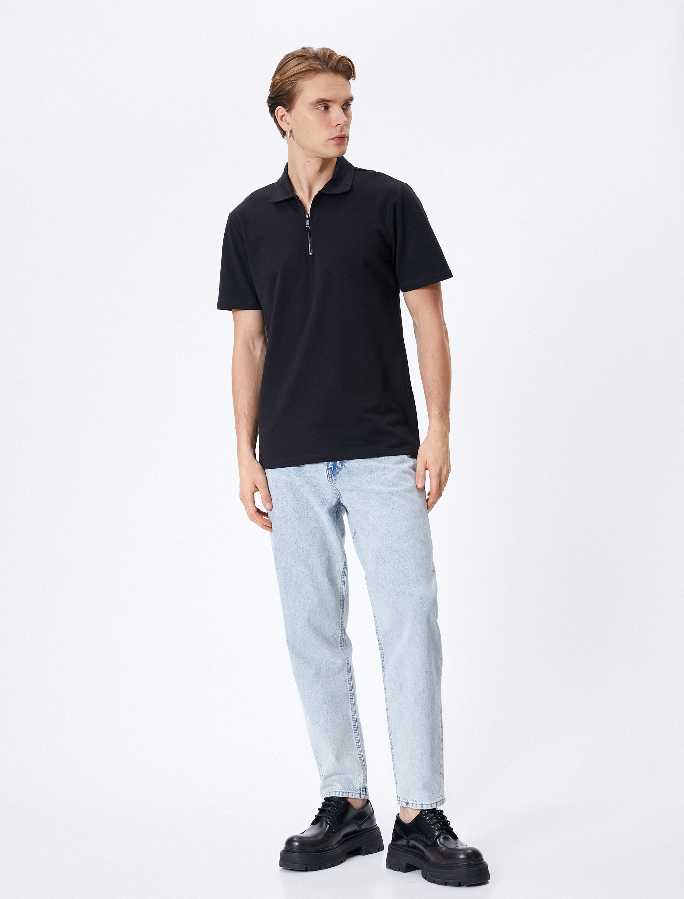   Yarım Fermuarlı Polo Tişört Kısa Kollu Pamuklu