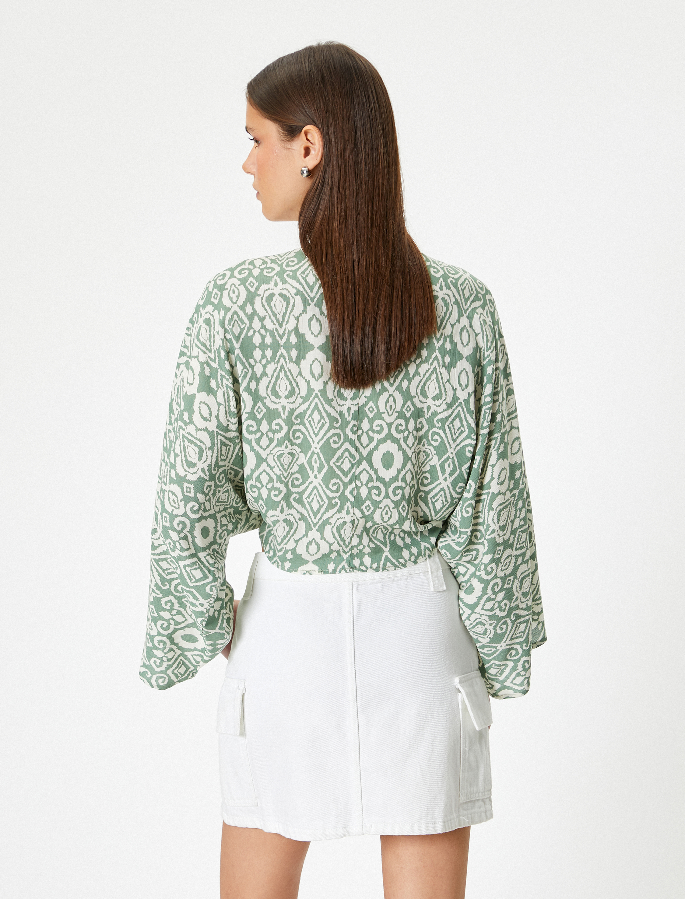   Kimono Kısa Kruvaze Önden Bağlamalı Etnik Desenli Geniş Uzun Kollu