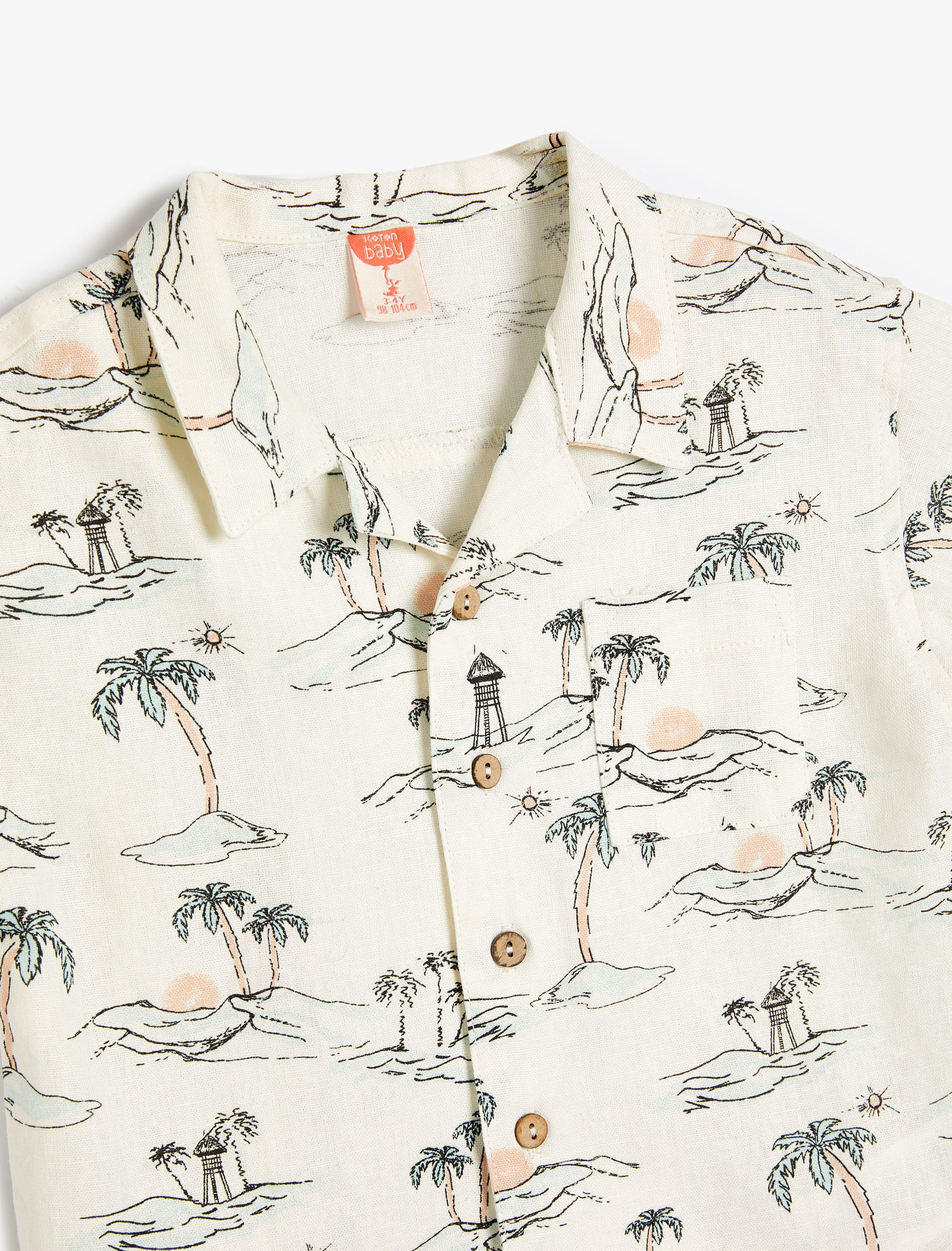  Erkek Bebek Keten Gömlek Kısa Kollu Yaz Temalı Baskılı Cep Detaylı