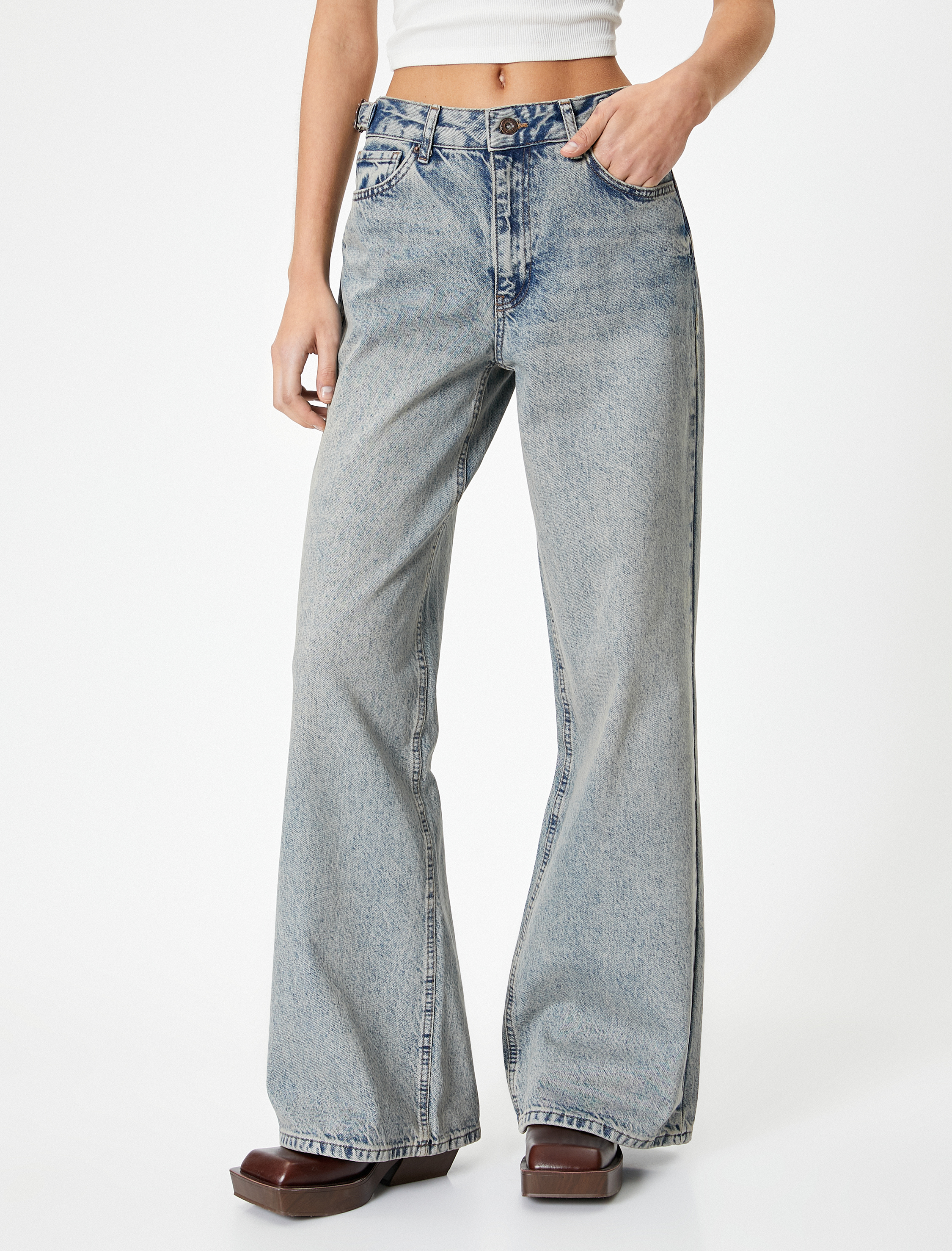   Geniş Paça Kot Pantolon Standart Bel Cepli - Bianca Wide Leg Jeans