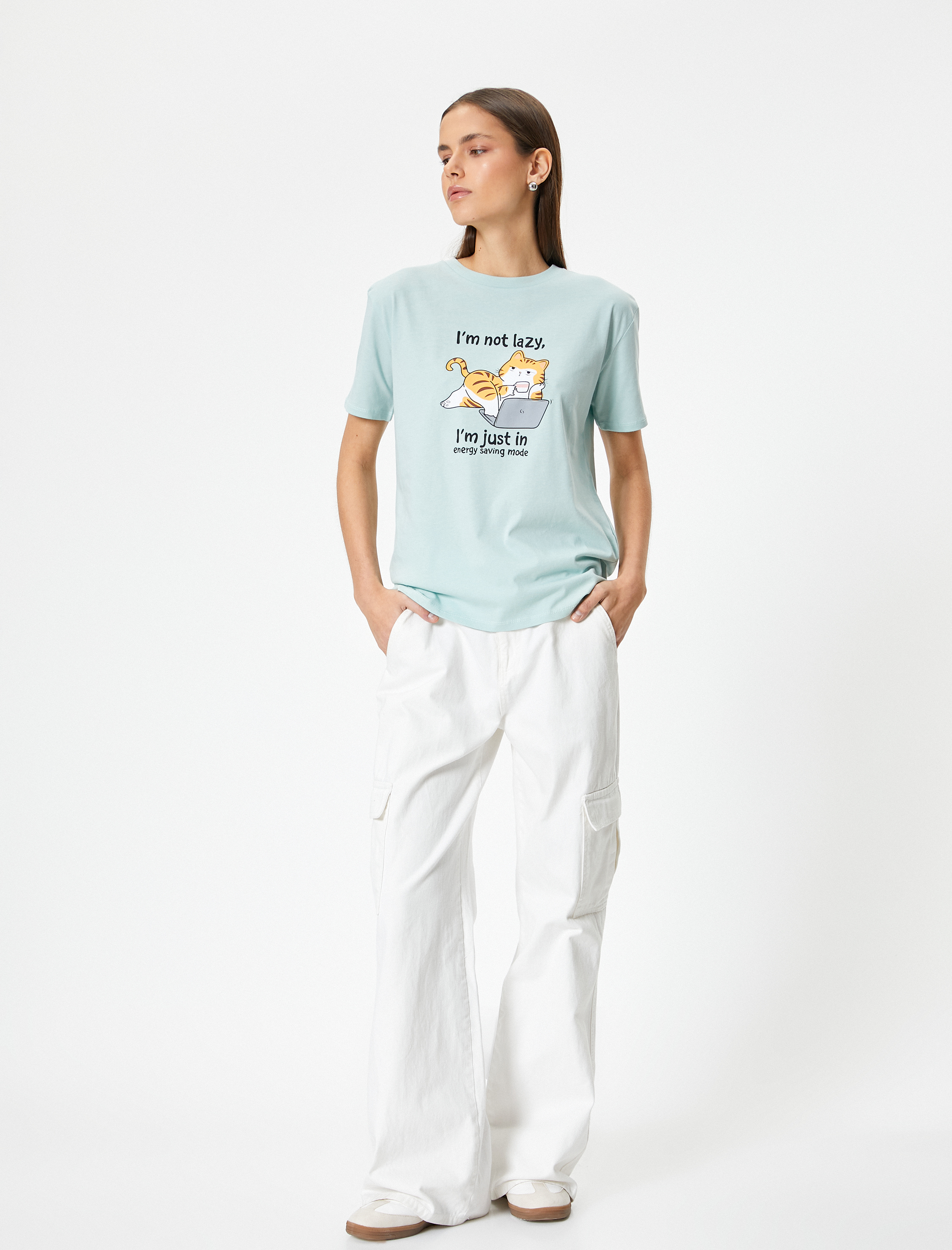   Kedi Baskılı Tişört Kısa Kollu Bisiklet Yaka Rahat Kalıp