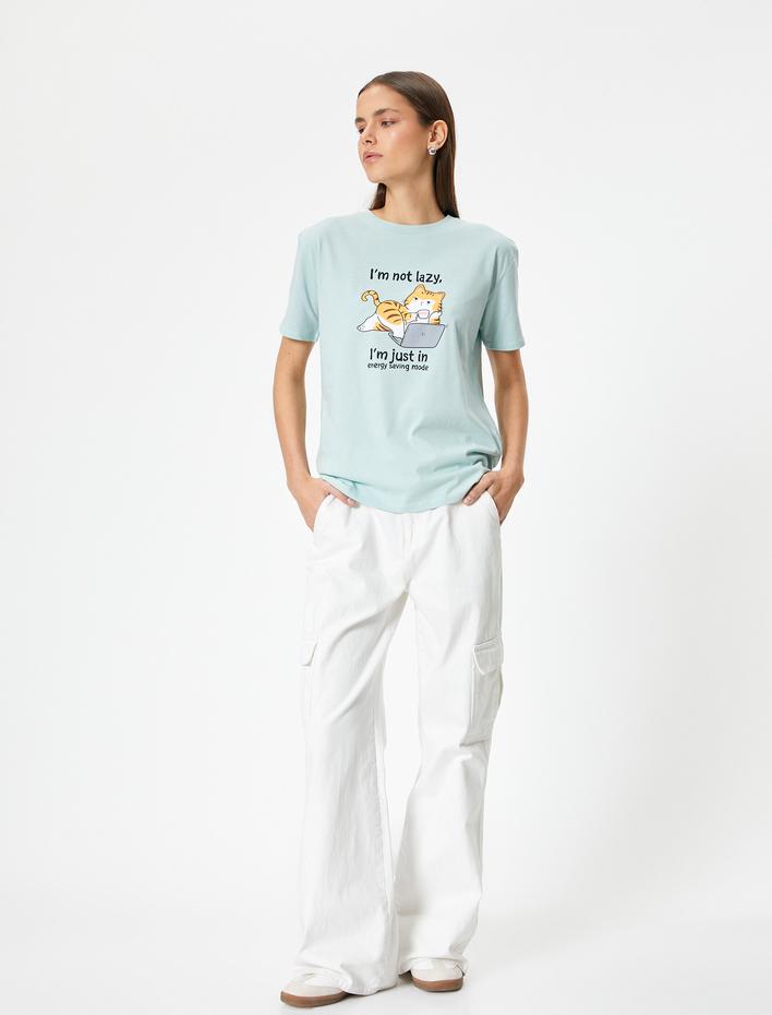  Kedi Baskılı Tişört Kısa Kollu Bisiklet Yaka Rahat Kalıp