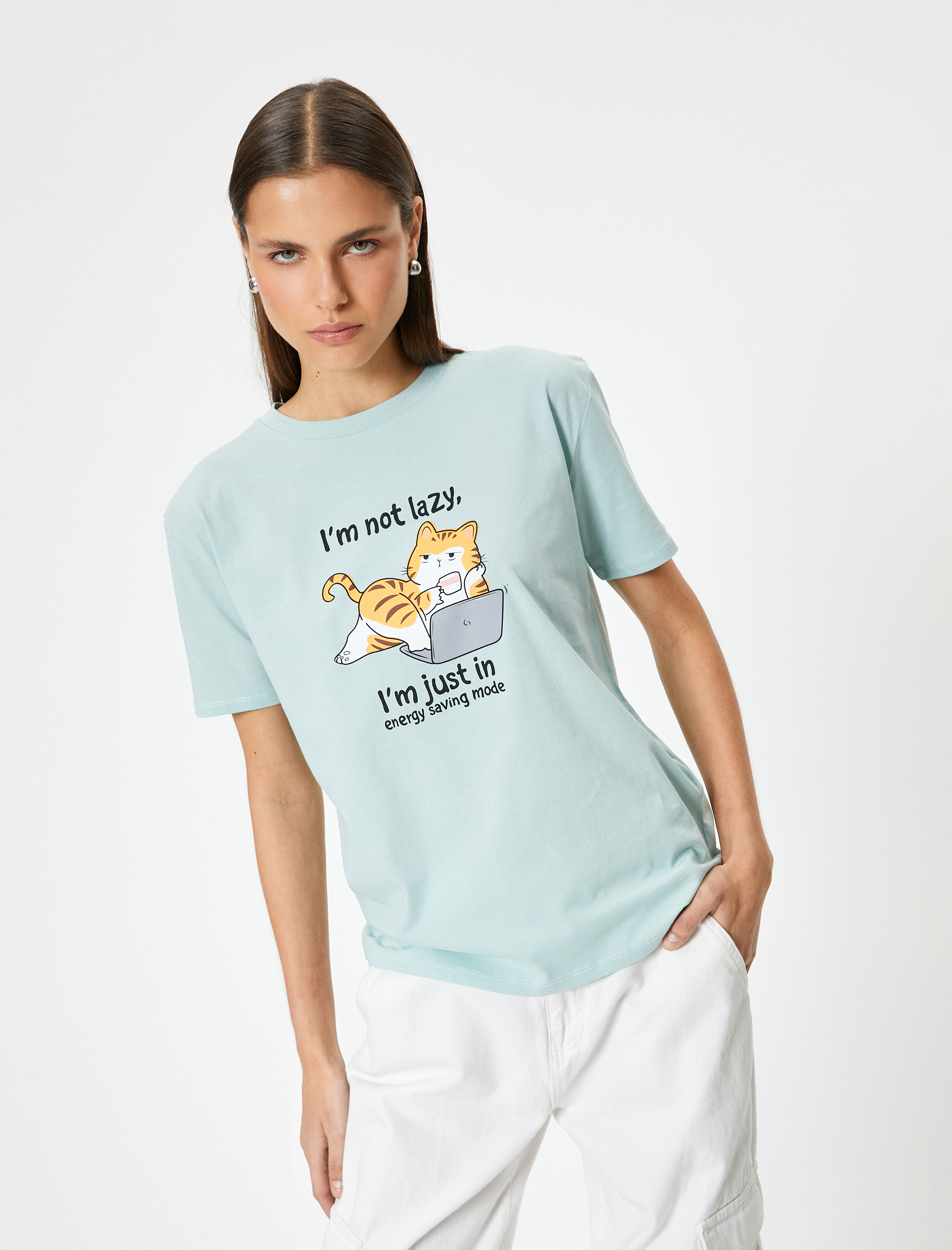   Kedi Baskılı Tişört Kısa Kollu Bisiklet Yaka Rahat Kalıp