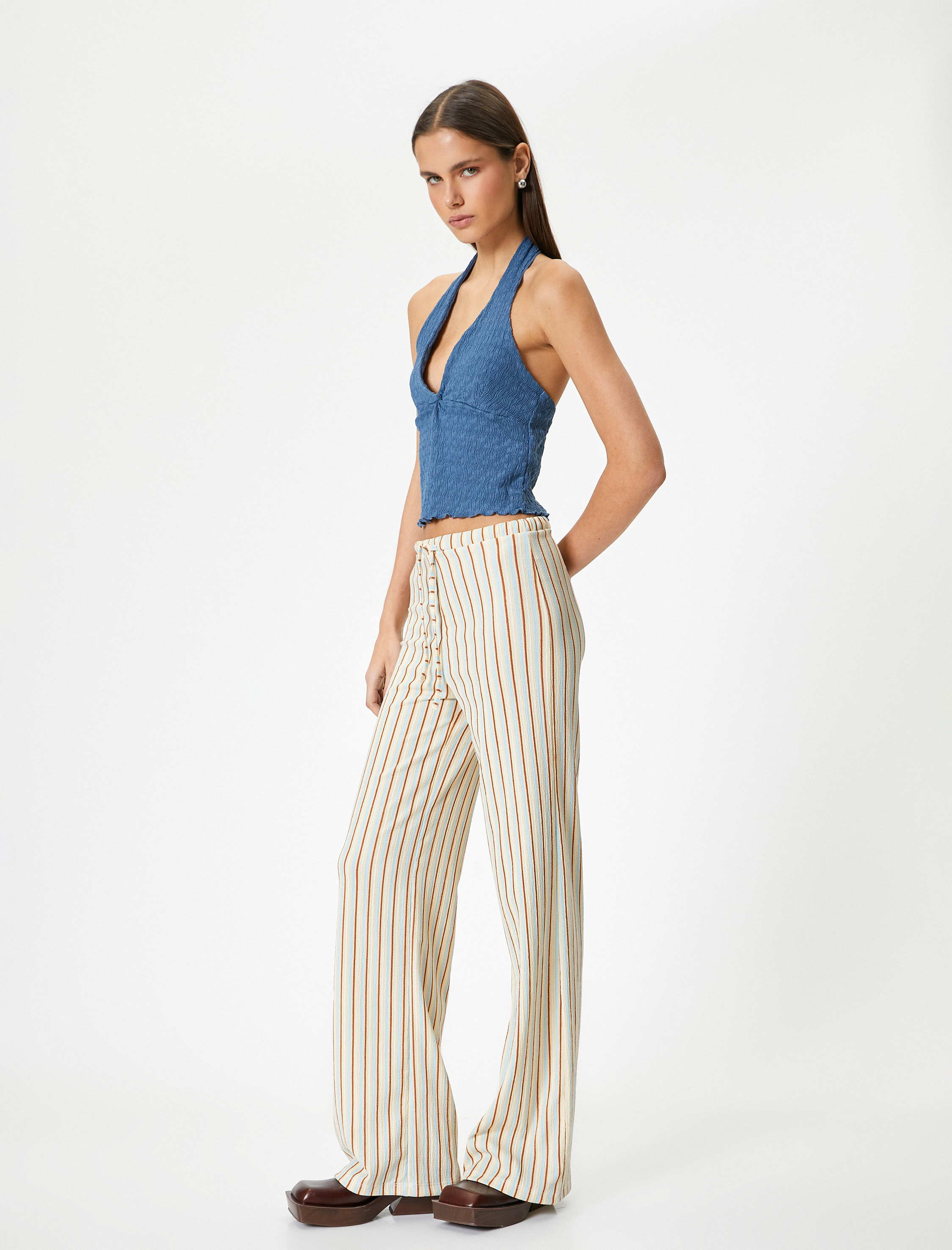   Bol Paça Pantolon Yüksek Bel Beli Bağlamalı Bürümcük