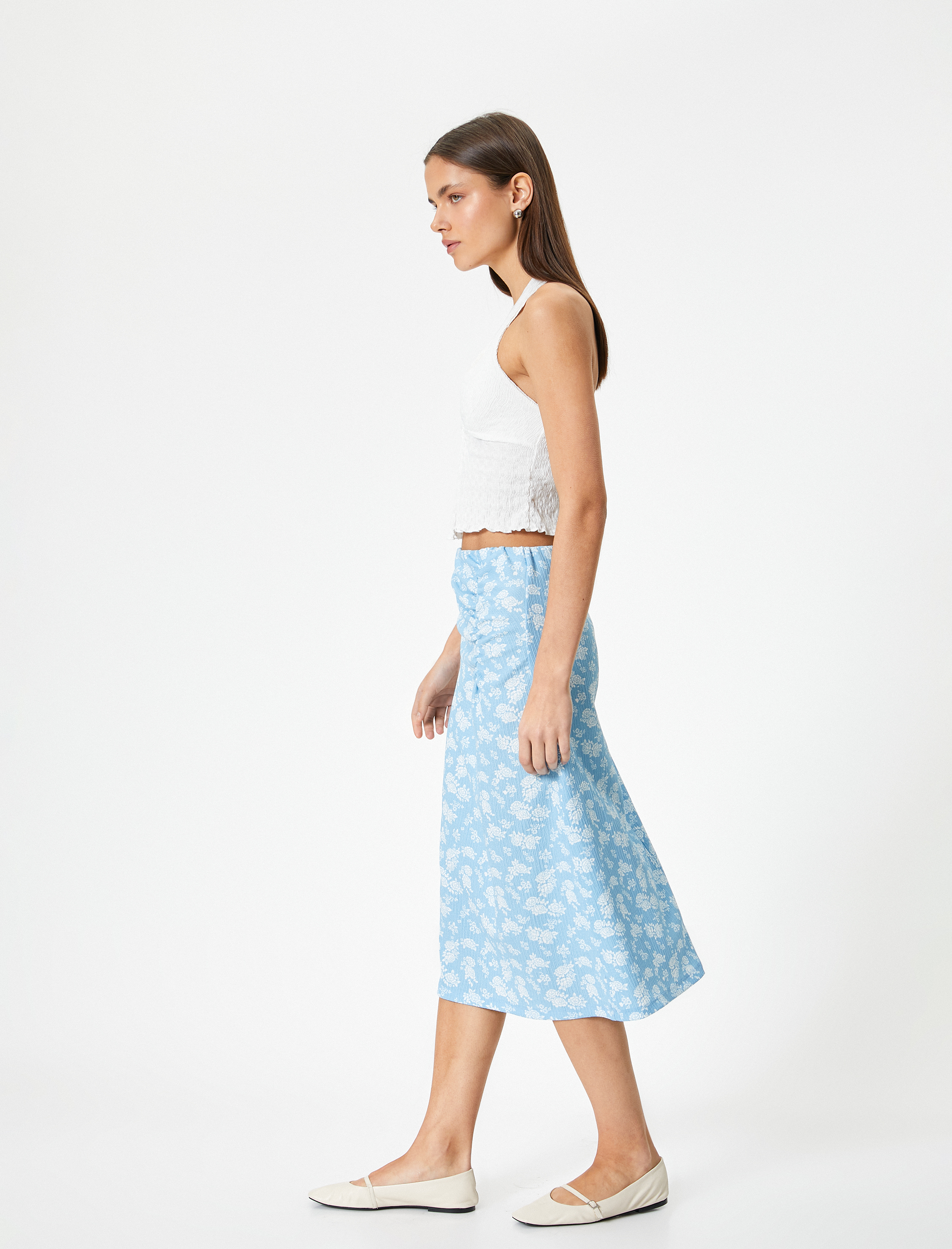   Çiçekli Midi Kalem Etek Drape Detaylı Yüksek Bel Rahat Kalıp Dokulu Bürümcük