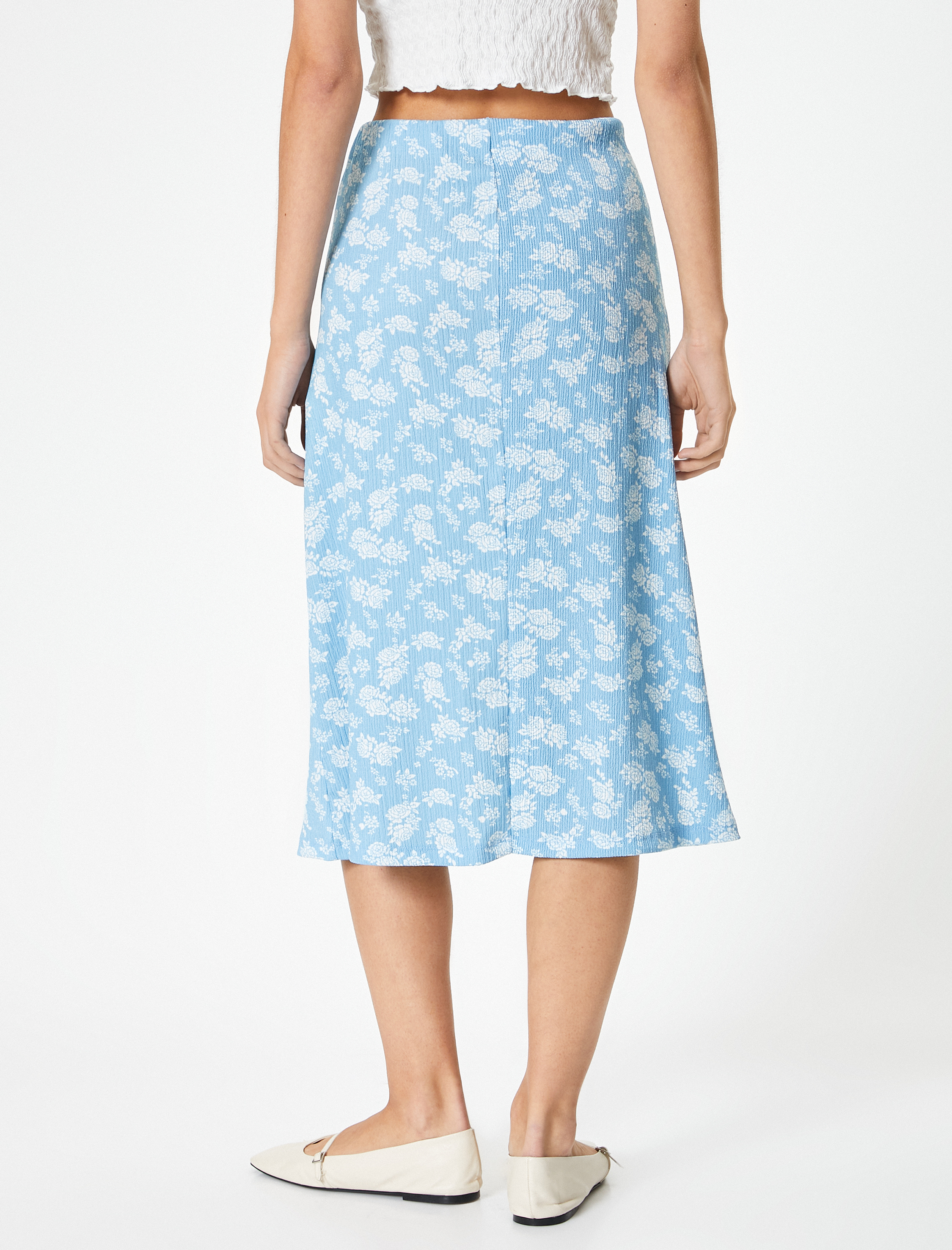   Çiçekli Midi Kalem Etek Drape Detaylı Yüksek Bel Rahat Kalıp Dokulu Bürümcük