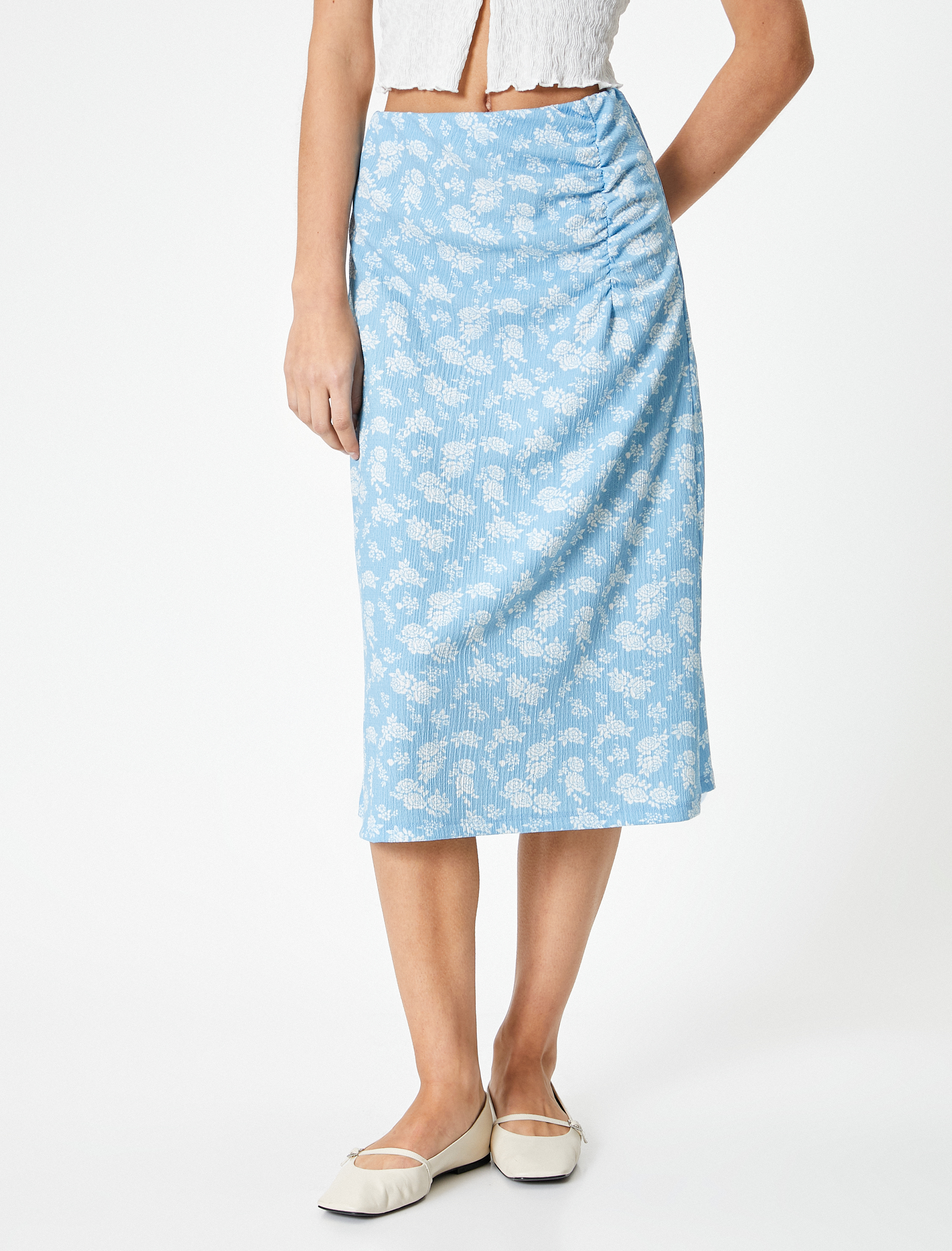   Çiçekli Midi Kalem Etek Drape Detaylı Yüksek Bel Rahat Kalıp Dokulu Bürümcük