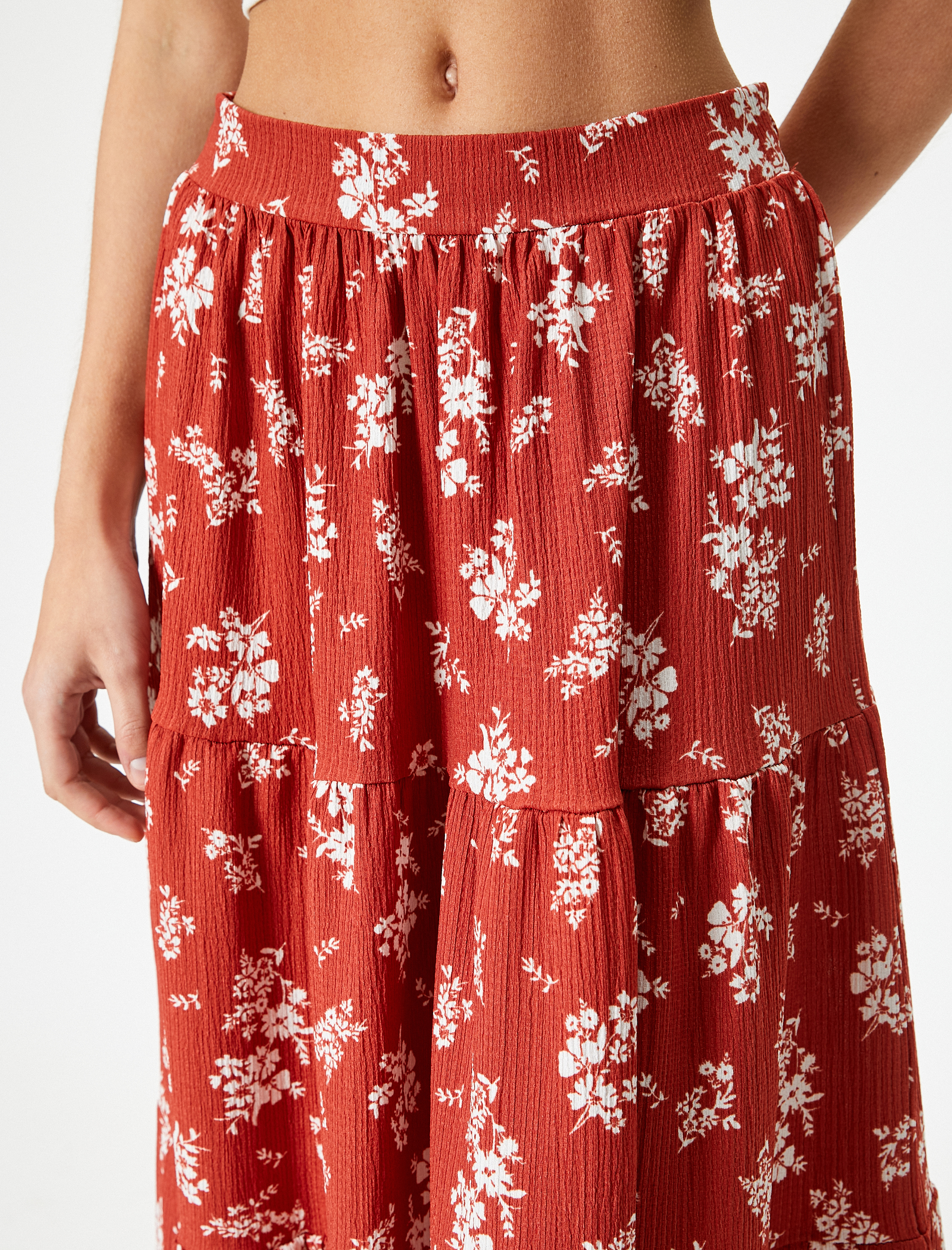   Çiçekli Midi Etek Katlı Yüksek Bel Rahat Kalıp Bürümcük