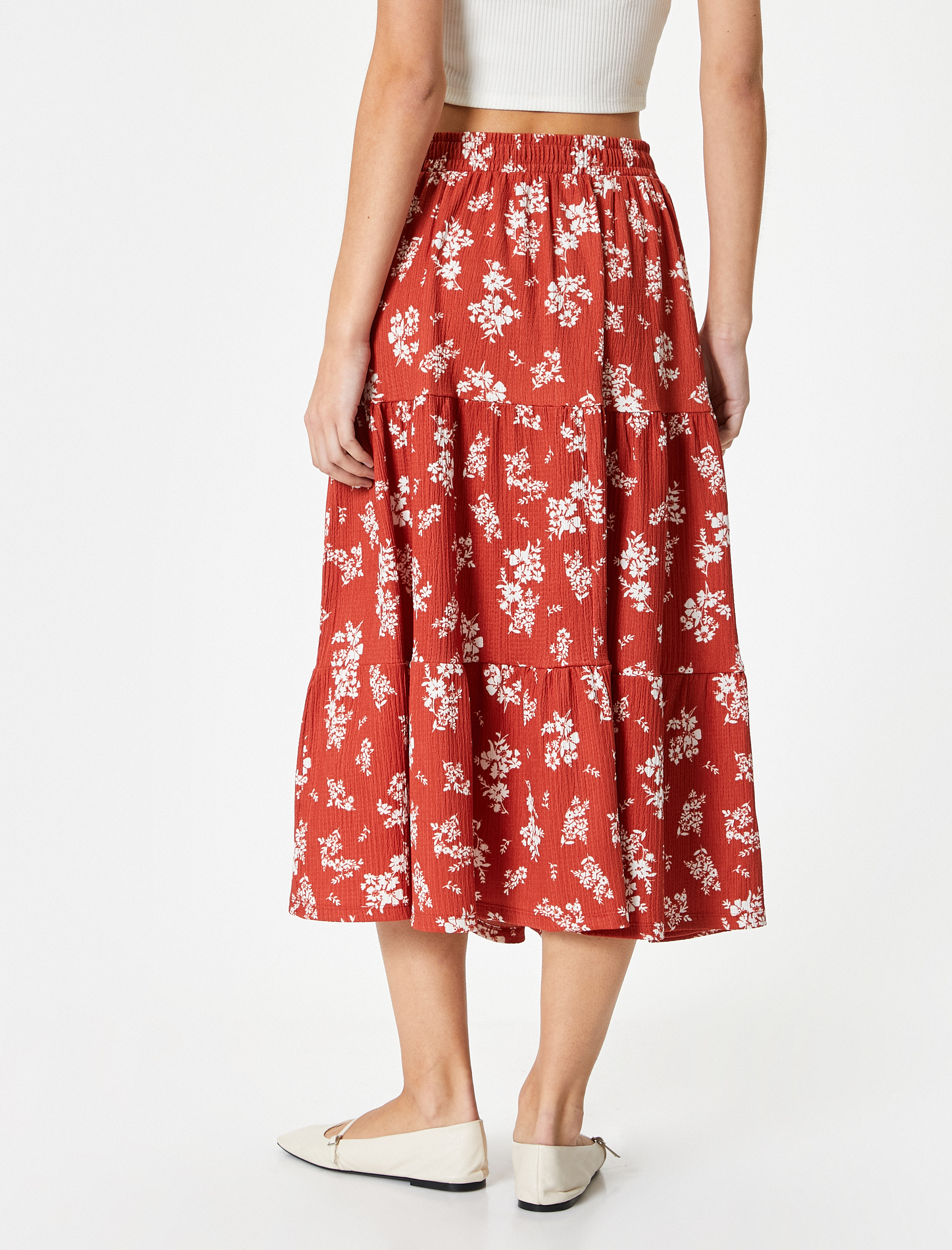   Çiçekli Midi Etek Katlı Yüksek Bel Rahat Kalıp Bürümcük