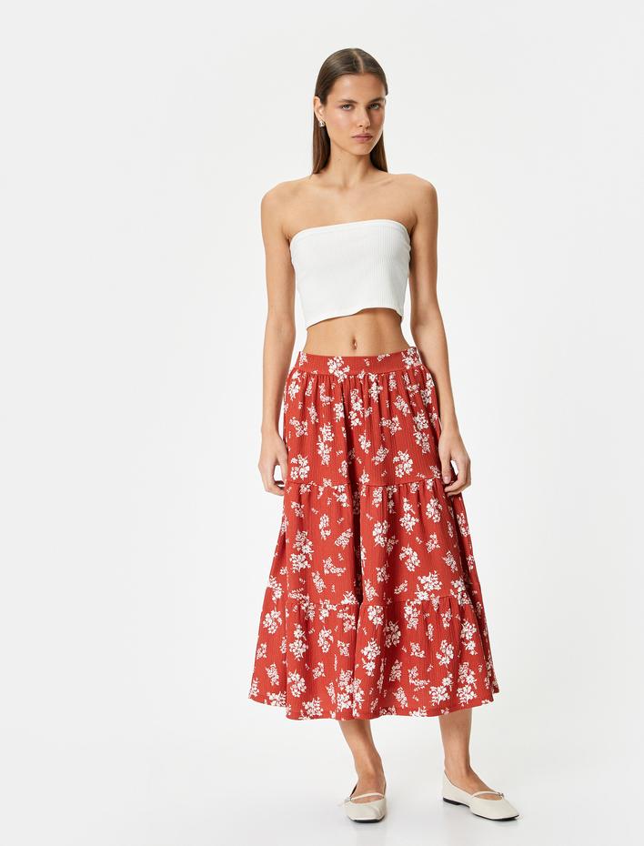  Çiçekli Midi Etek Katlı Yüksek Bel Rahat Kalıp Bürümcük