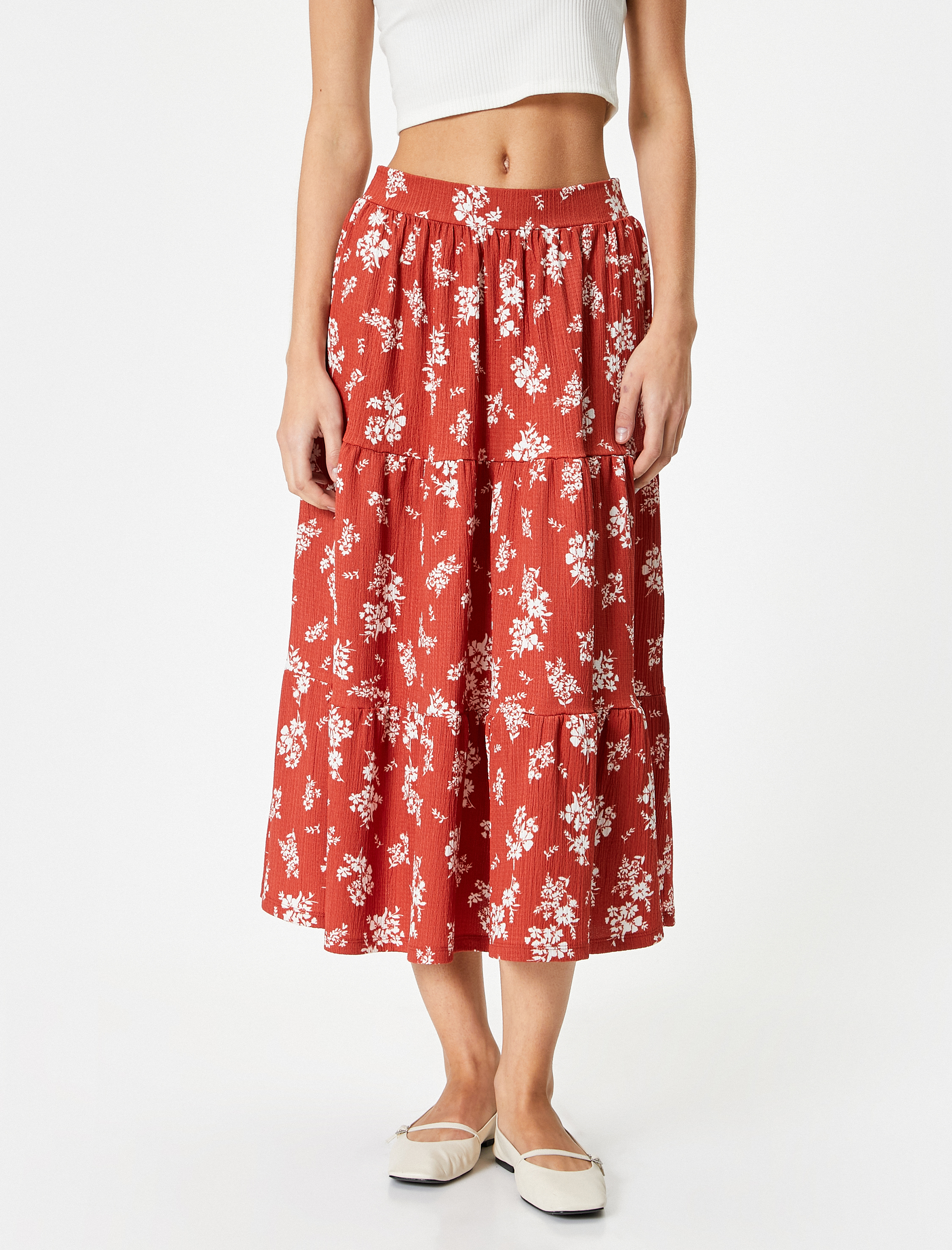   Çiçekli Midi Etek Katlı Yüksek Bel Rahat Kalıp Bürümcük