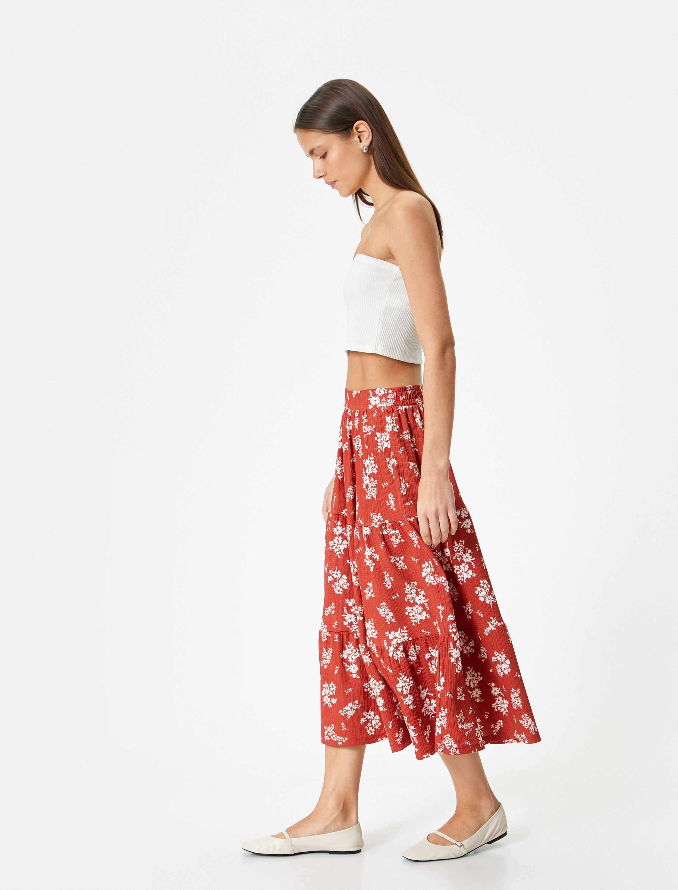   Çiçekli Midi Etek Katlı Yüksek Bel Rahat Kalıp Bürümcük