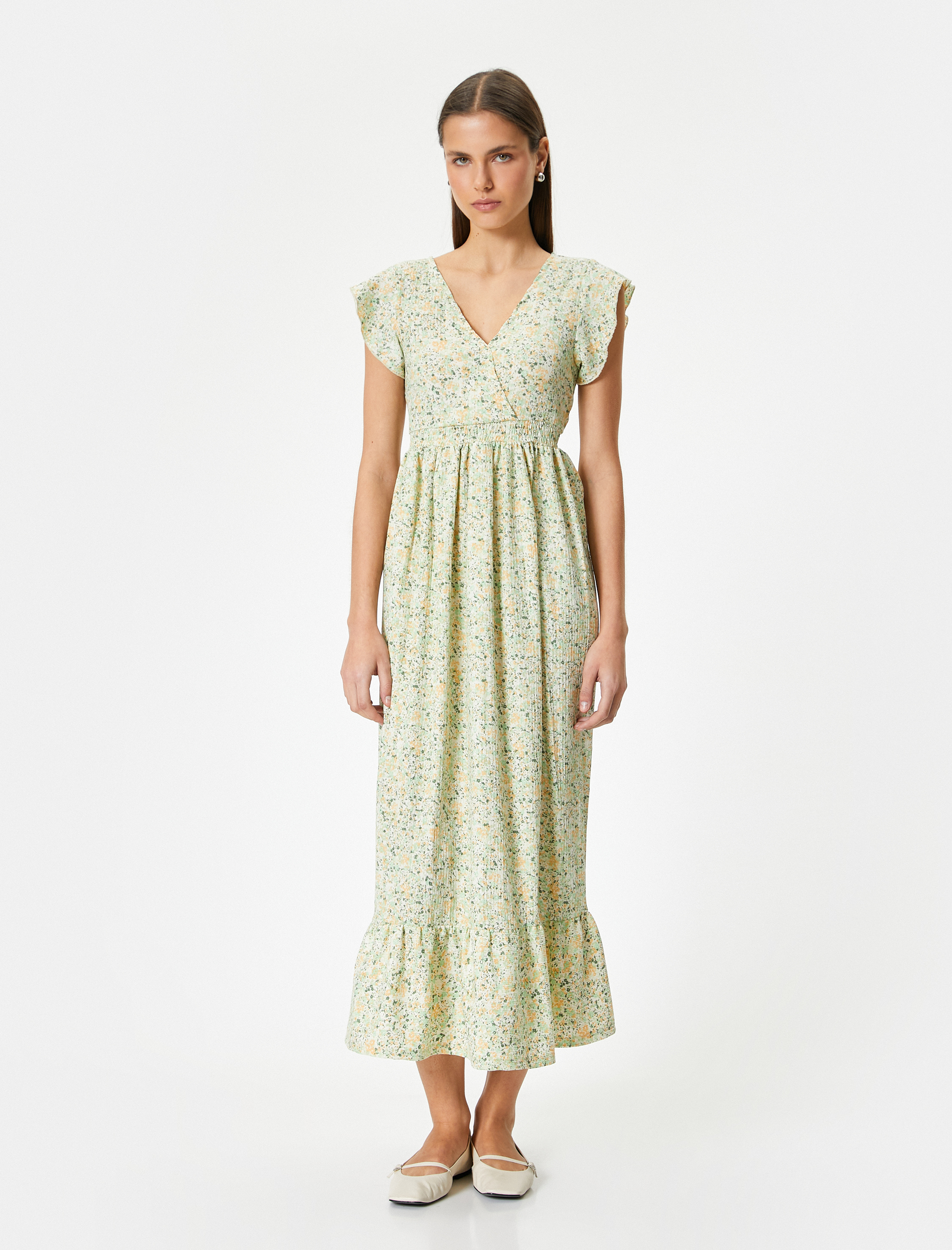   Çiçekli Elbise Midi Boy Kruvaze V Yaka Karpuz Kollu Bürümcük