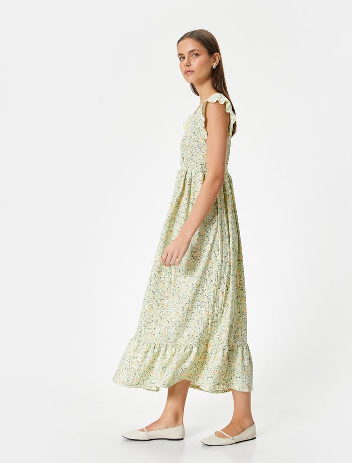  Çiçekli Elbise Midi Boy Kruvaze V Yaka Karpuz Kollu Bürümcük