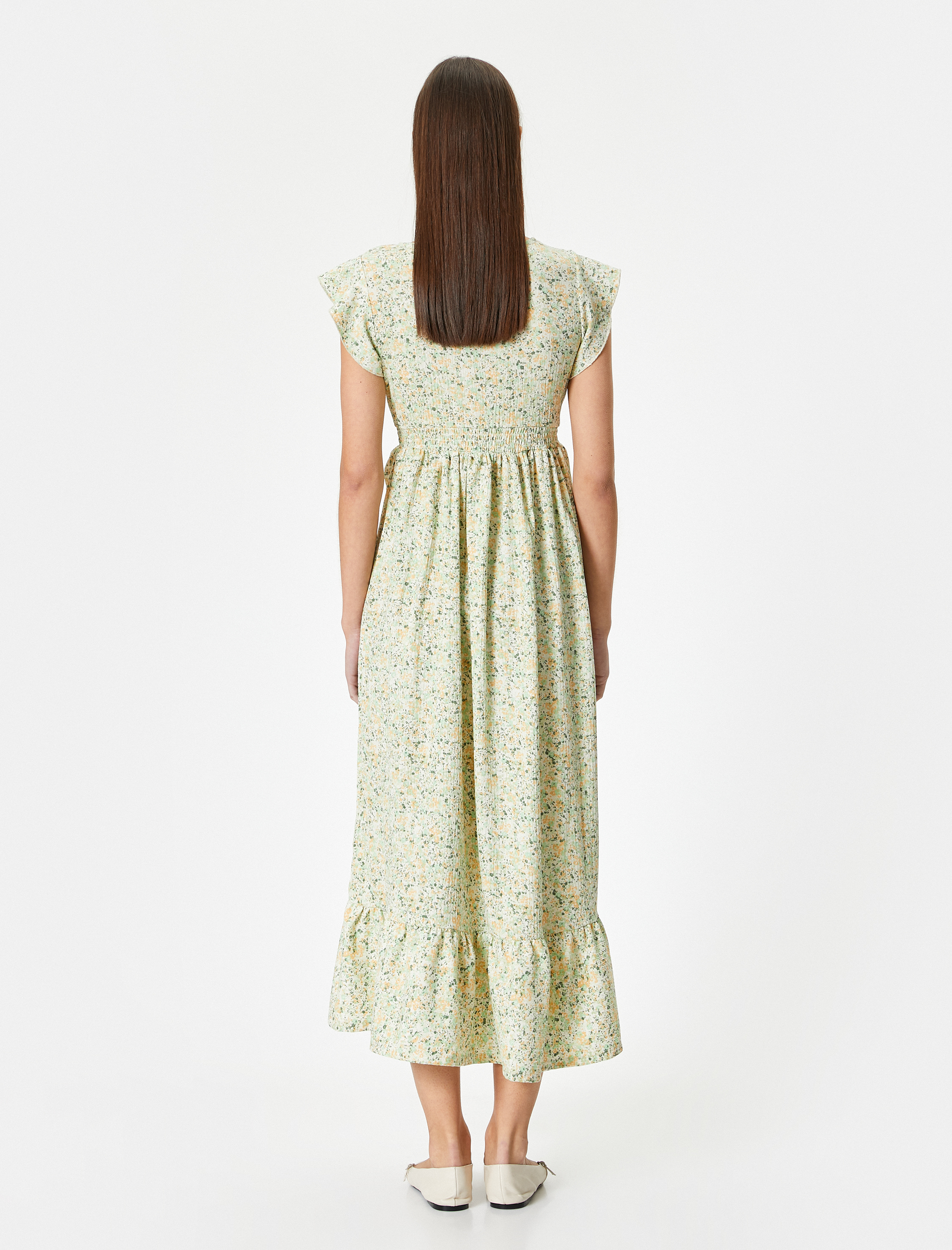   Çiçekli Elbise Midi Boy Kruvaze V Yaka Karpuz Kollu Bürümcük