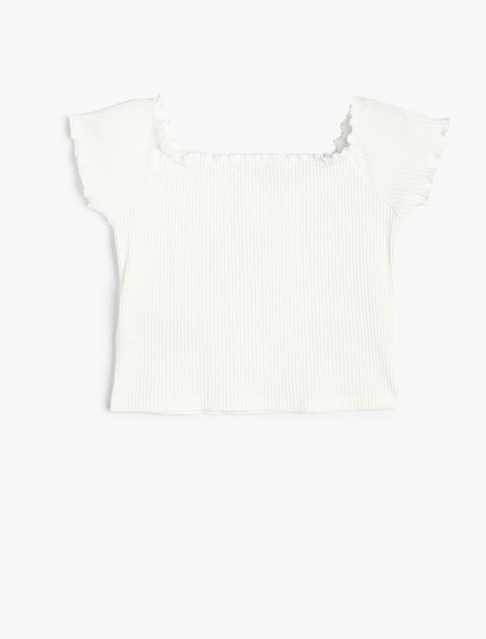 Kız Çocuk Tişört Ribanalı Kare Yaka Düğme Detaylı Pamuklu