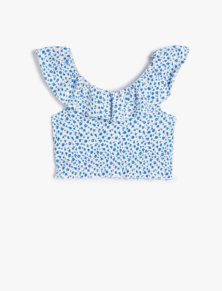 Kız Çocuk Çiçekli Tişört Fırfırlı Düşük Omuz