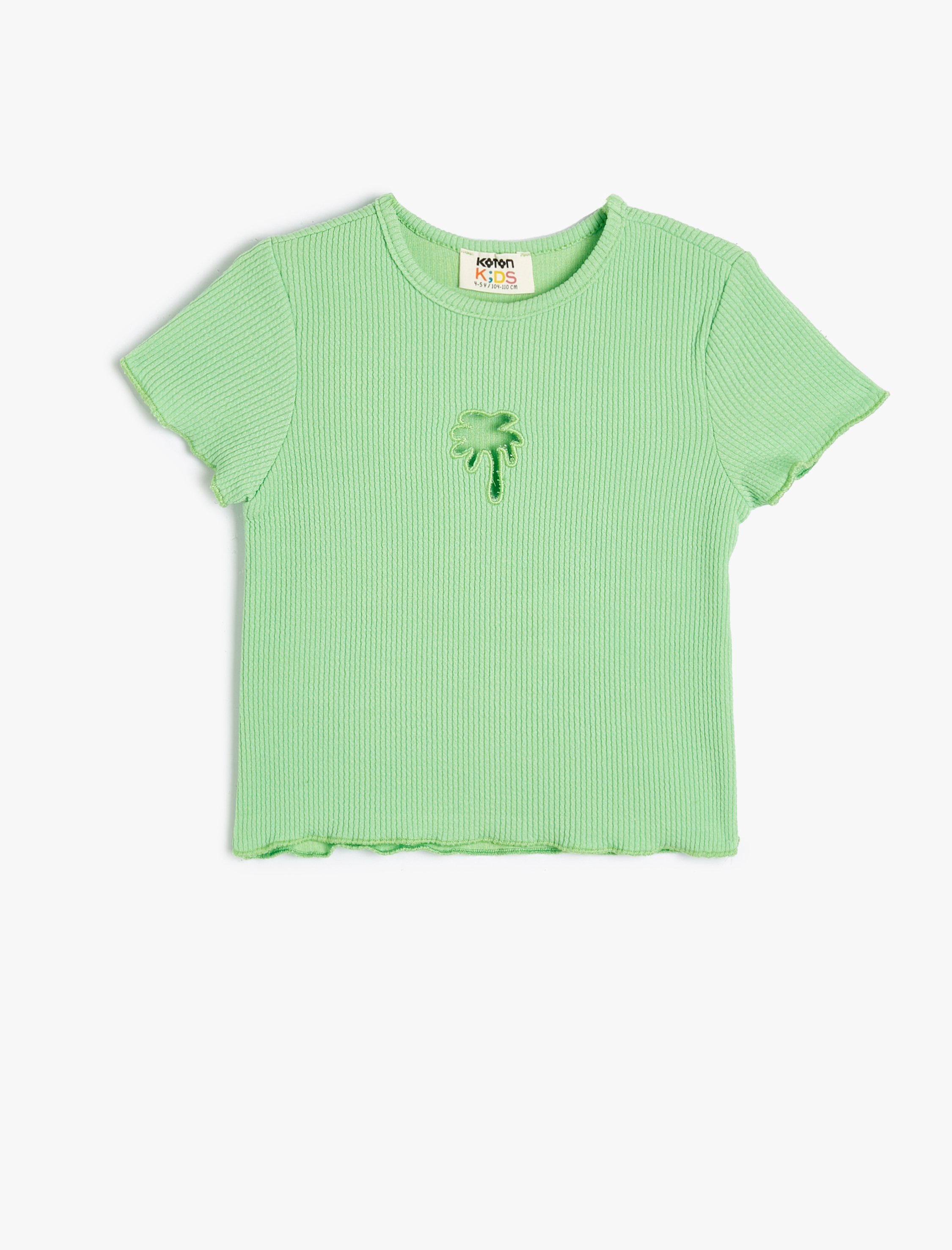  Kız Çocuk Tişört Kısa Kollu Ribanalı Bisiklet Yaka Palmiye Pencere Detaylı