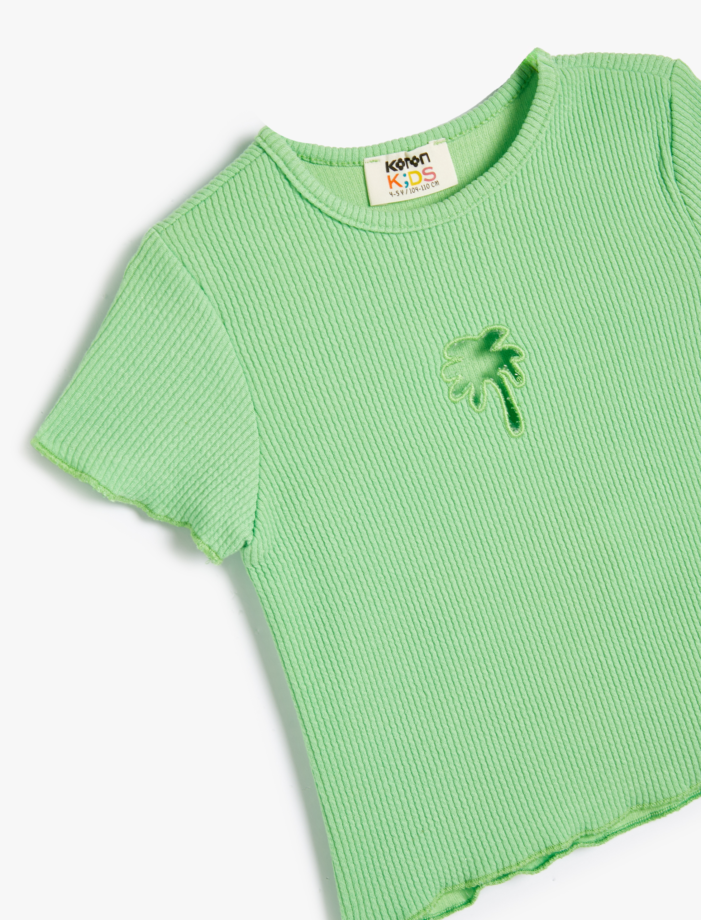  Kız Çocuk Tişört Kısa Kollu Ribanalı Bisiklet Yaka Palmiye Pencere Detaylı