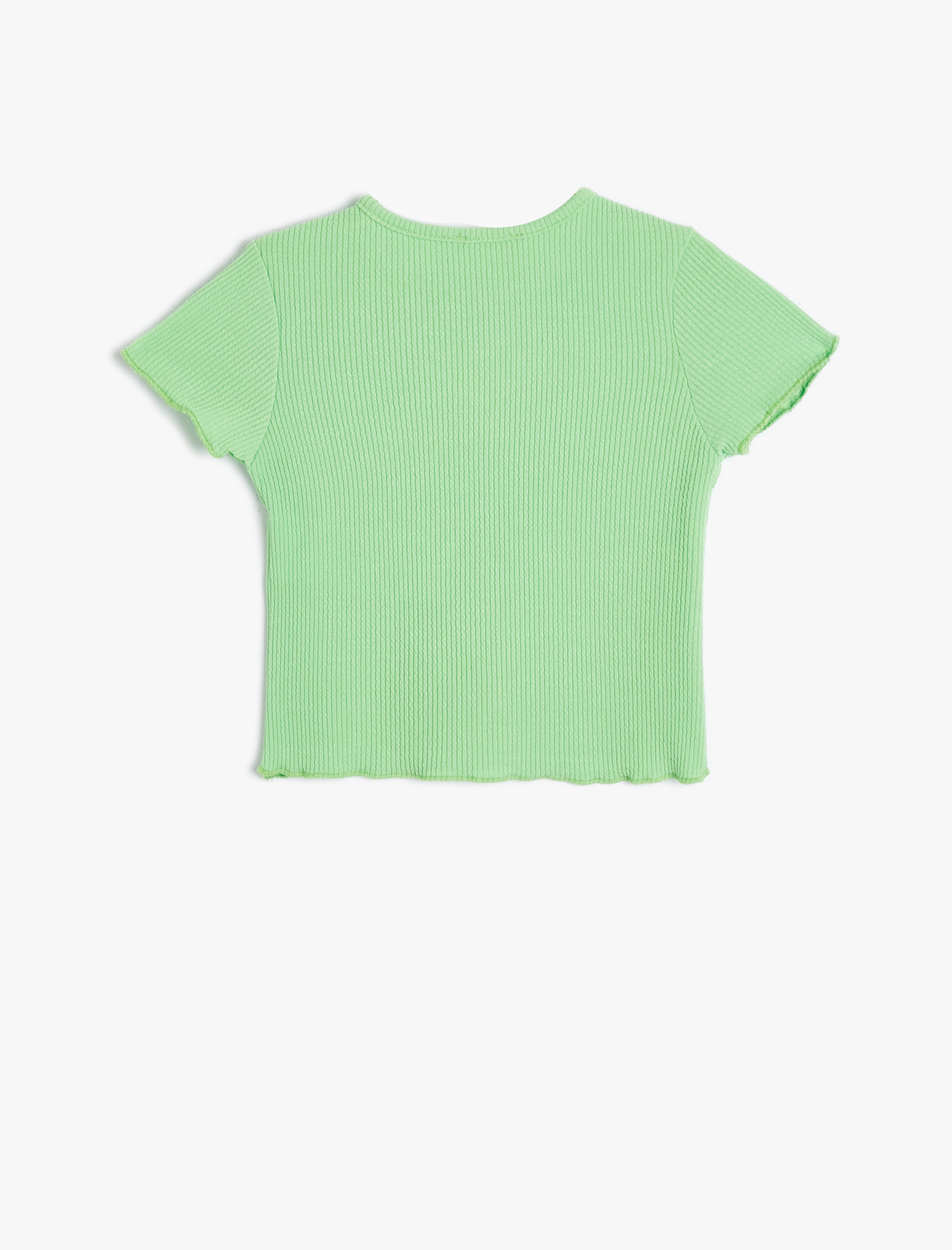  Kız Çocuk Tişört Kısa Kollu Ribanalı Bisiklet Yaka Palmiye Pencere Detaylı