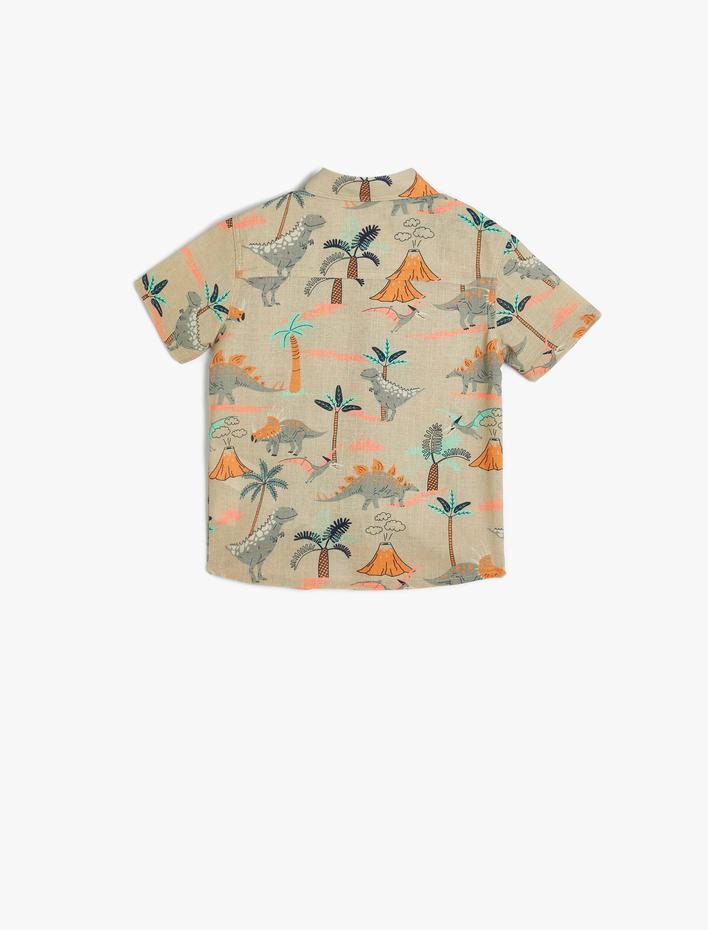 Erkek Bebek Gömlek Kısa Kollu Dinozor Desenli Cepli Pamuklu