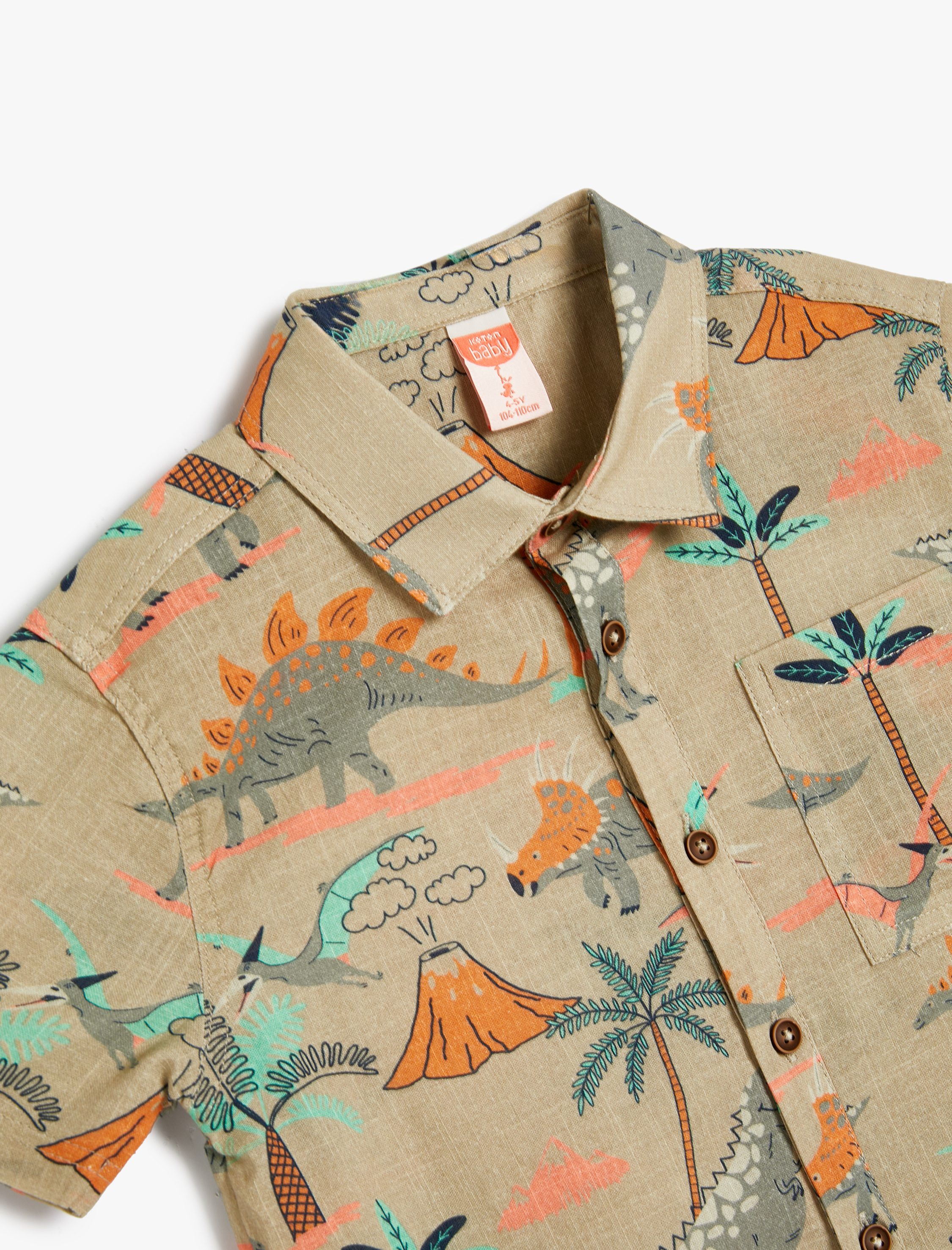  Erkek Bebek Gömlek Kısa Kollu Dinozor Desenli Cepli Pamuklu
